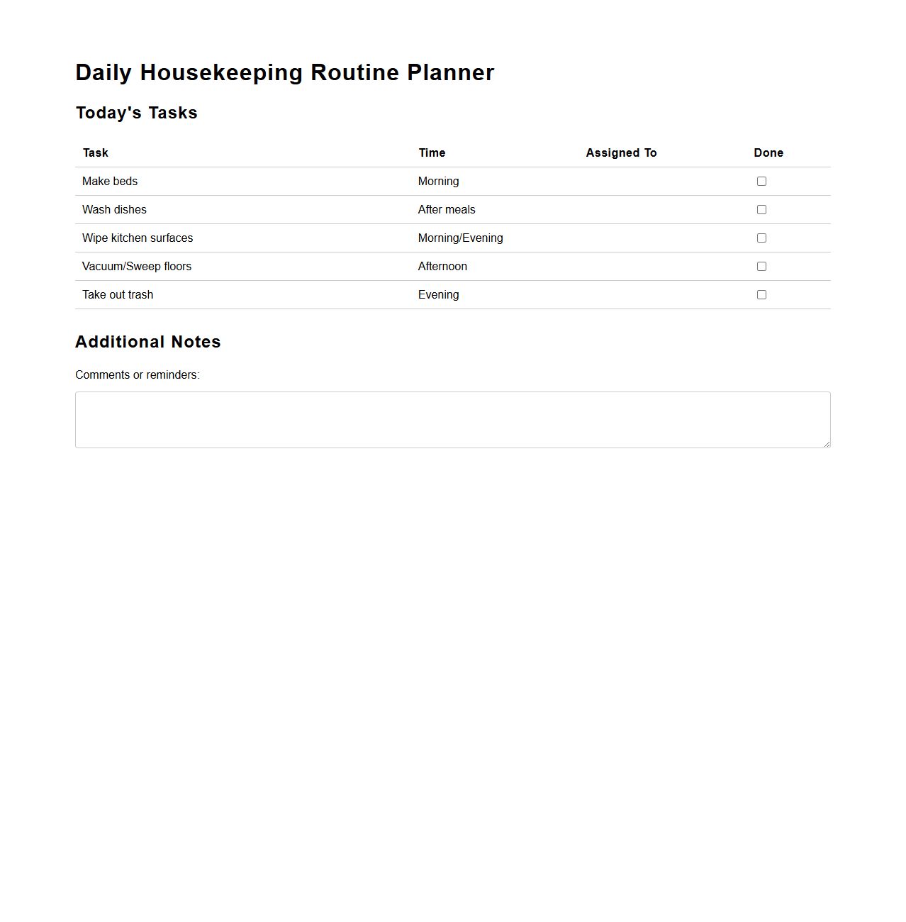 Daily Housekeeping Routine Planner