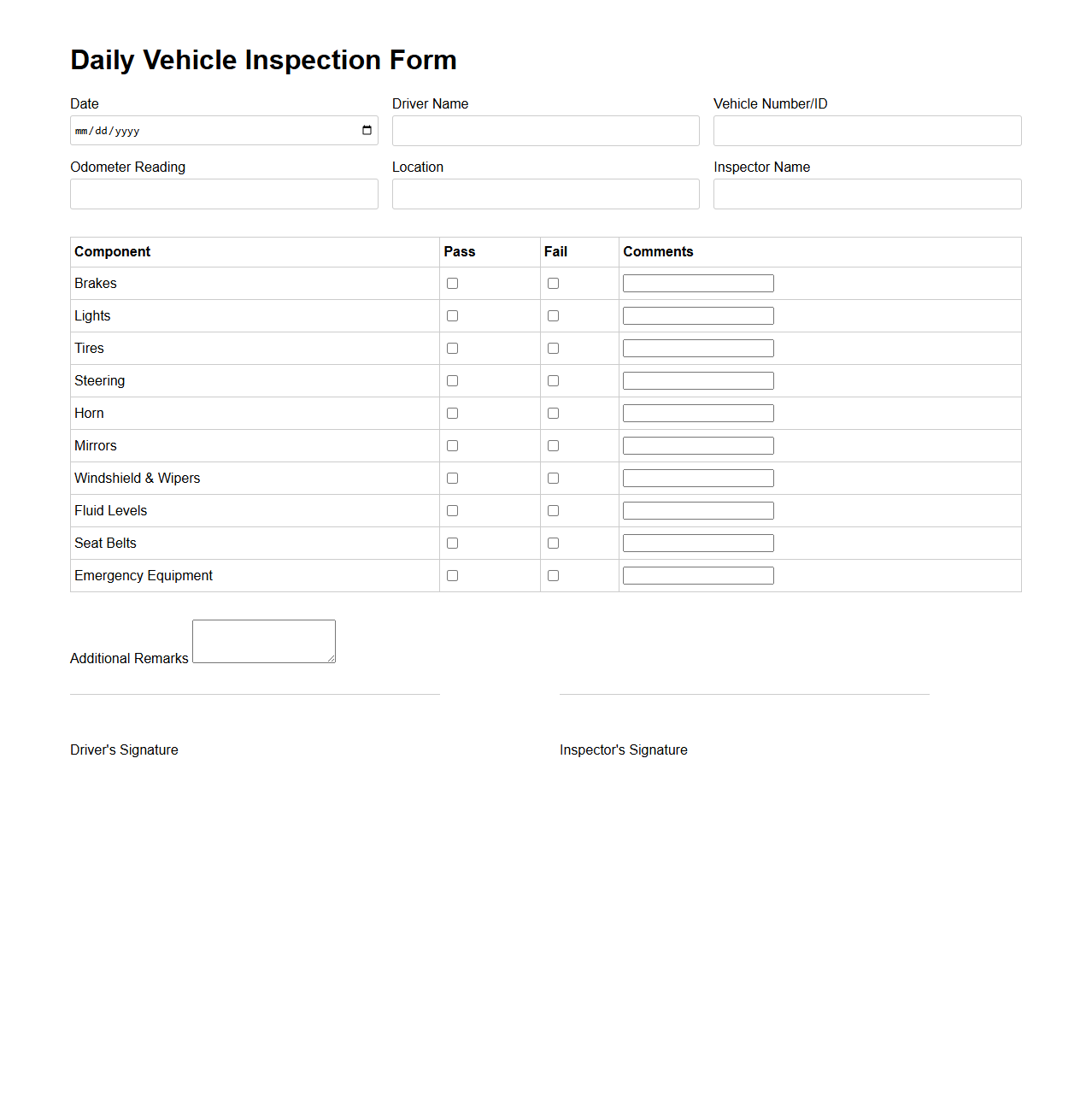 Daily Vehicle Inspection Form Template