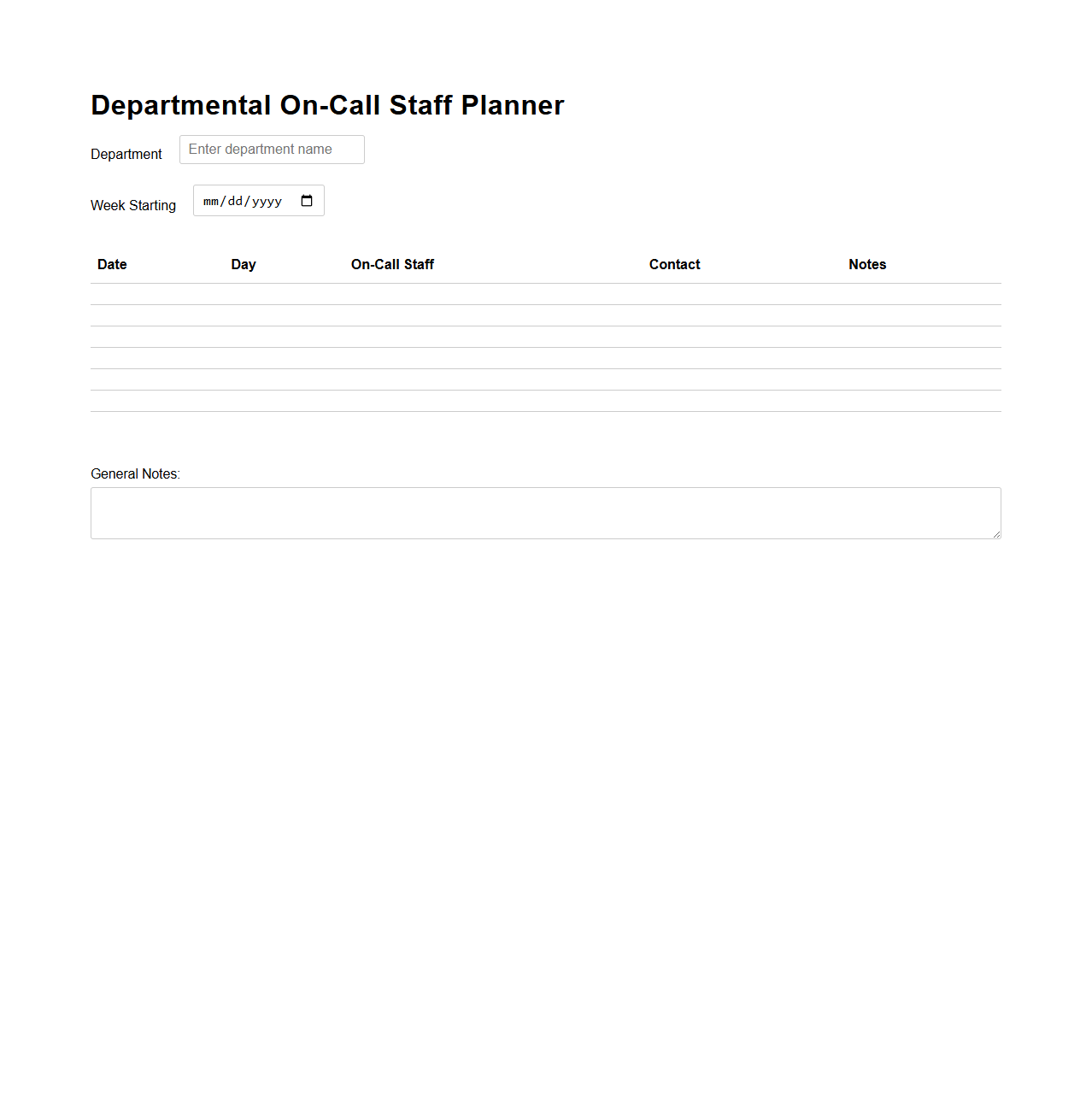 Departmental On-Call Staff Planner
