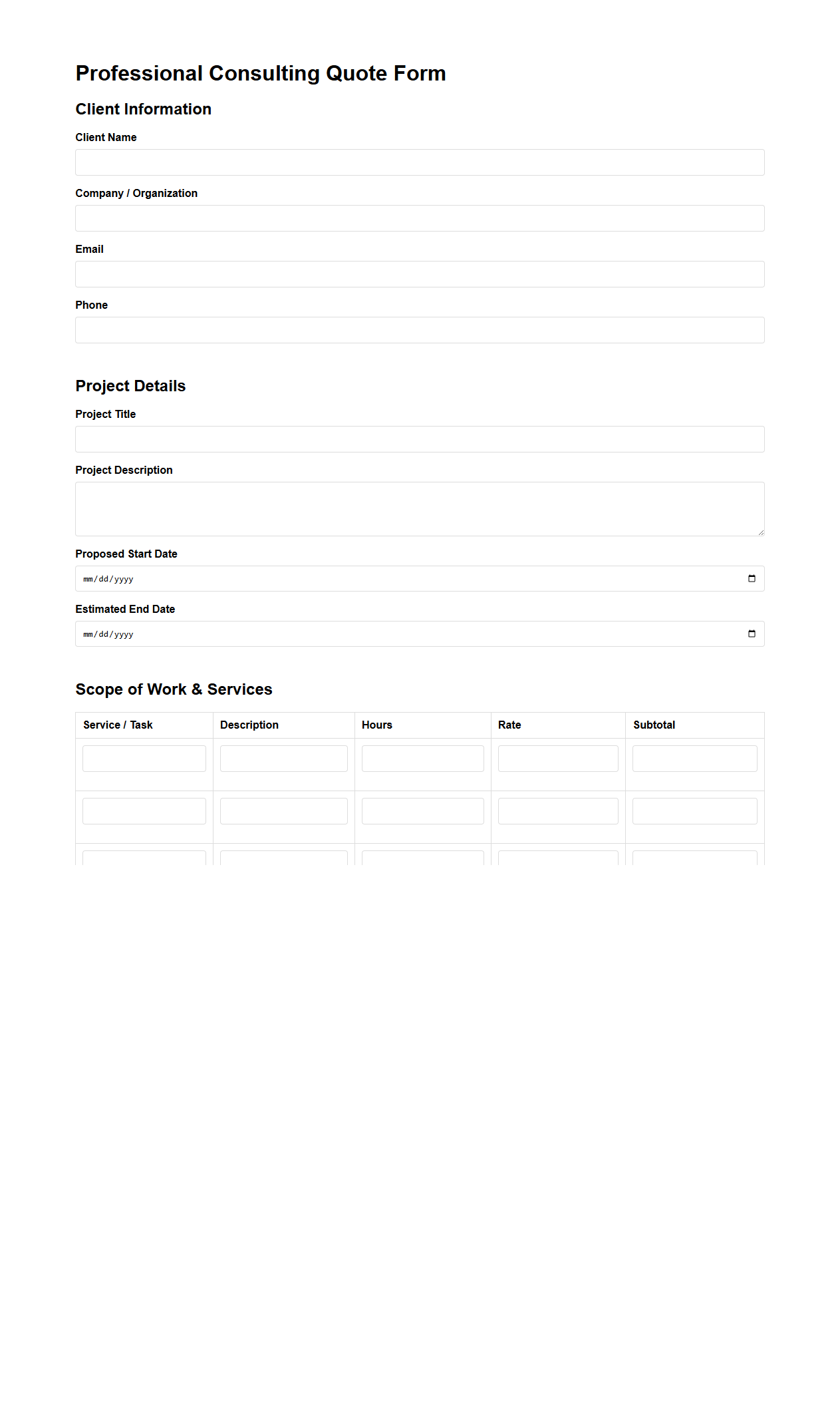 Detailed Professional Consulting Quote Form