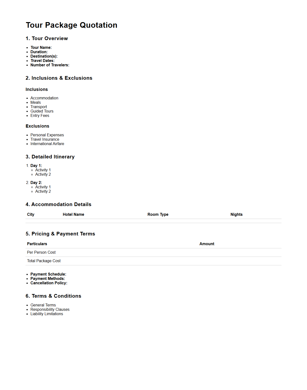 Detailed Tour Package Quotation Outline