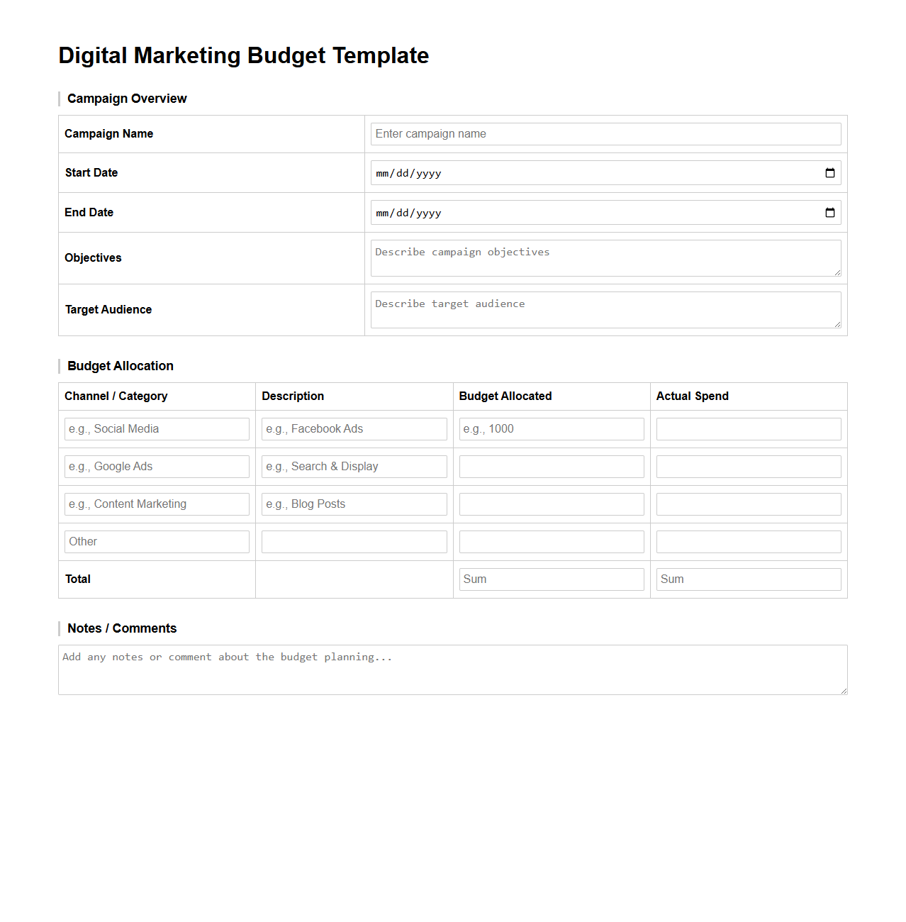 Digital Marketing Budget Template for Campaign Planning