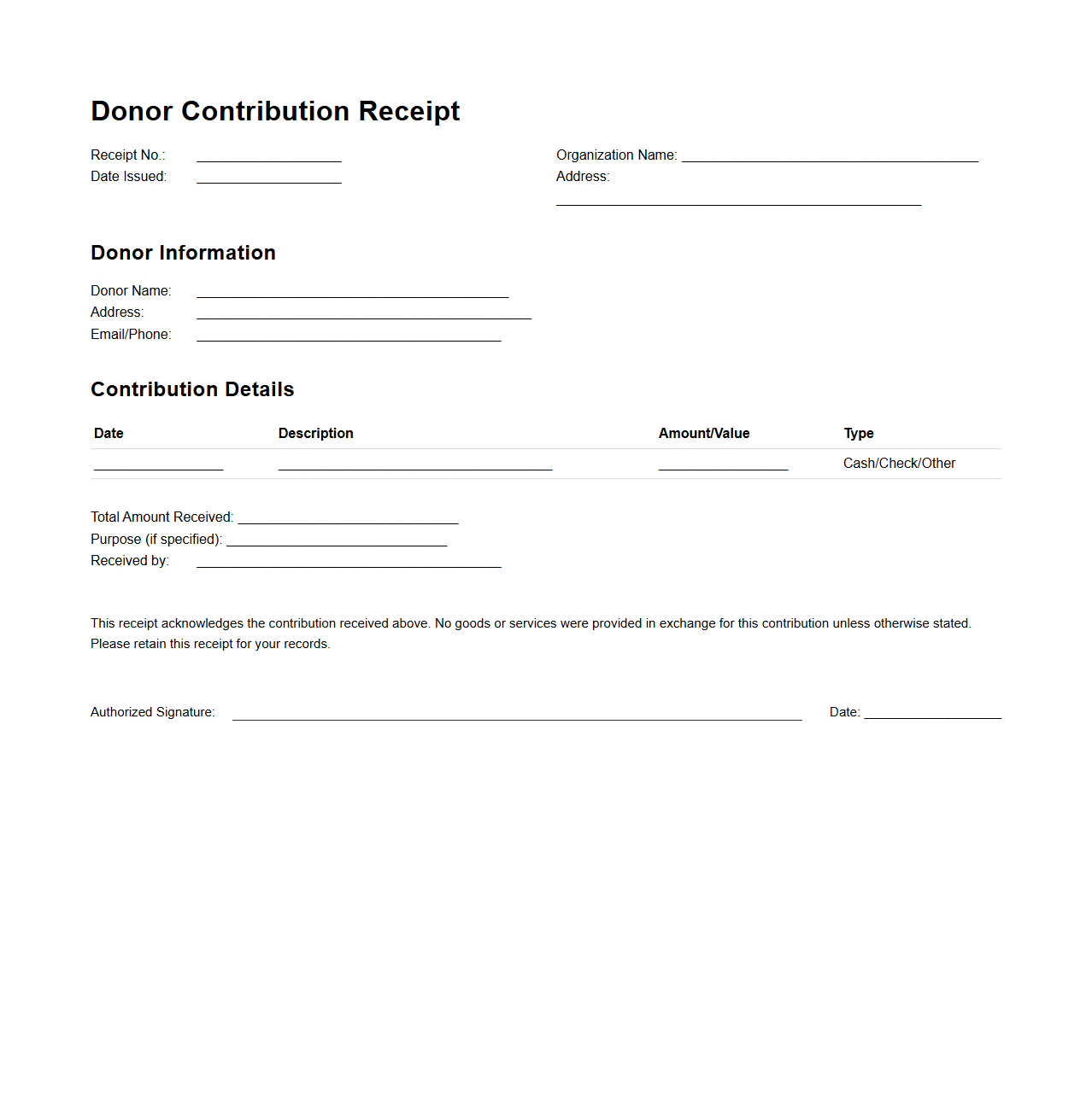Donor Contribution Receipt Template for Organizations