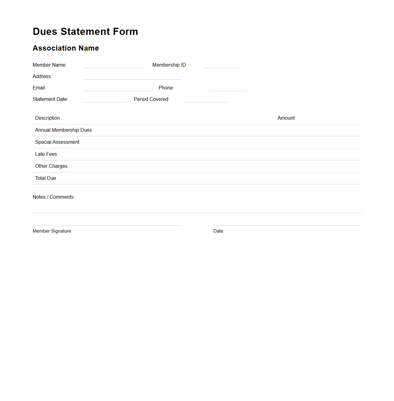 Dues Statement Form for Associations
