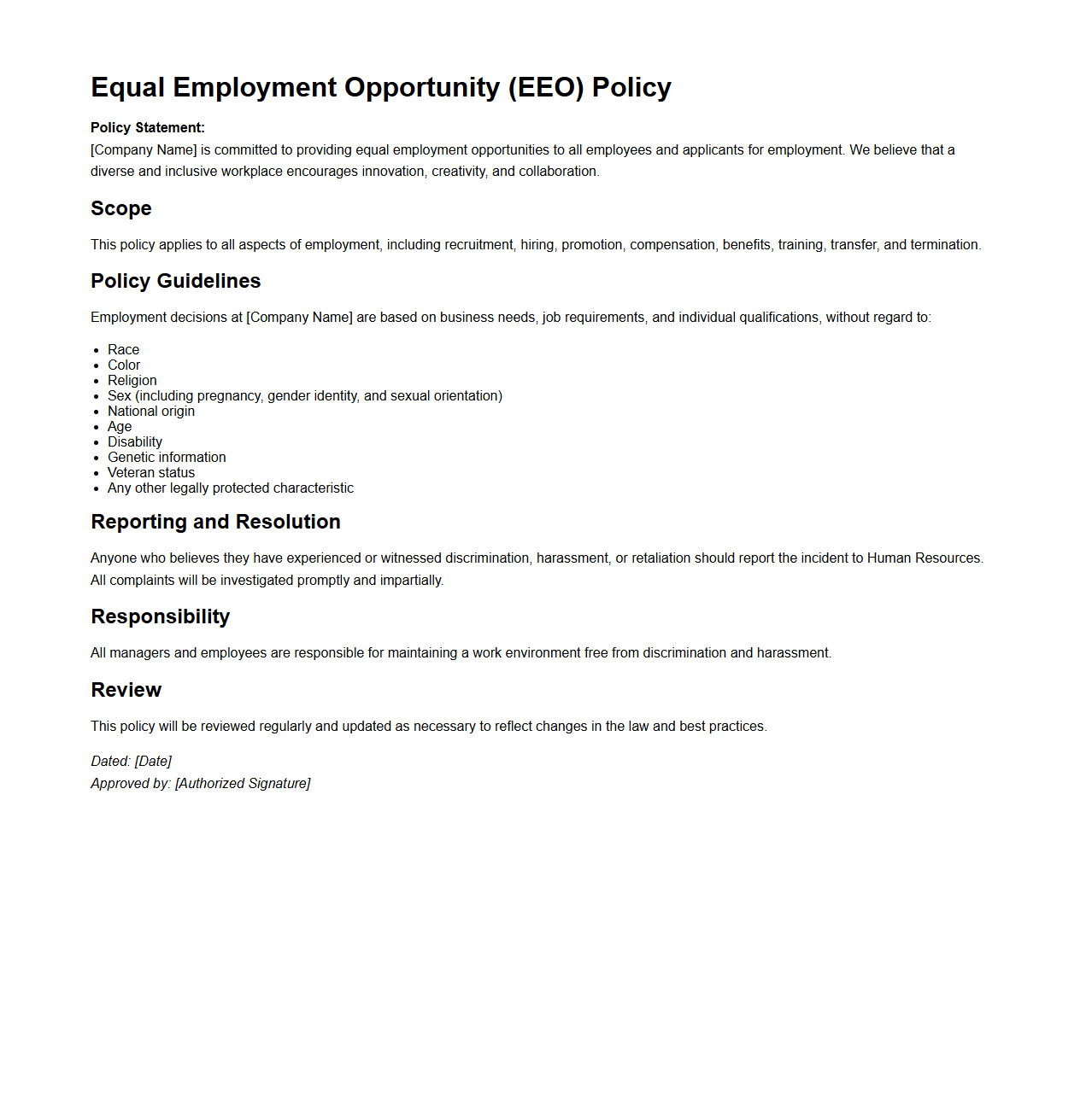 EEO Policy Sample for Human Resources