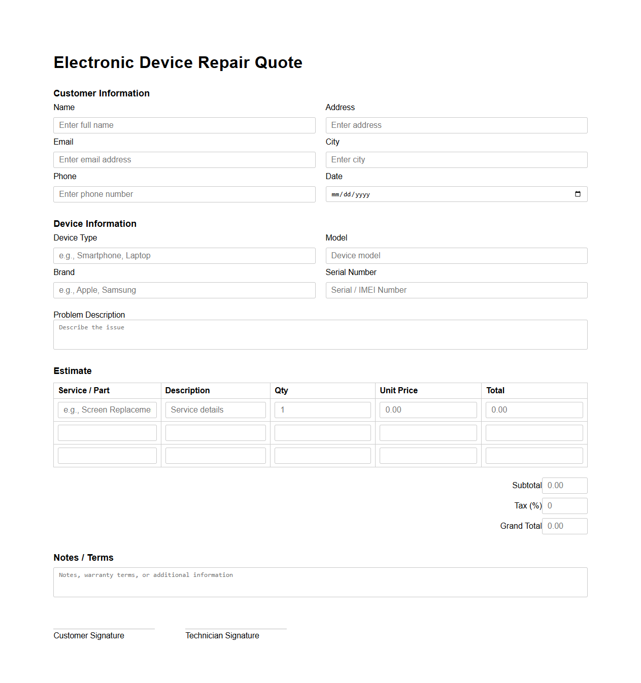 Electronic Device Repair Quote Template