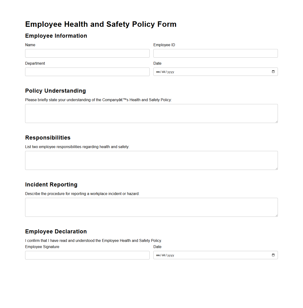 Employee Health and Safety Policy Form