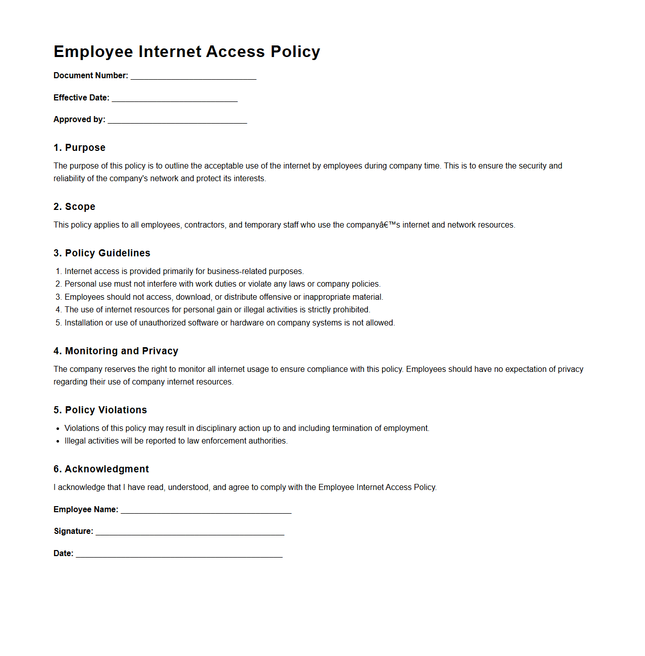 Employee Internet Access Policy Format