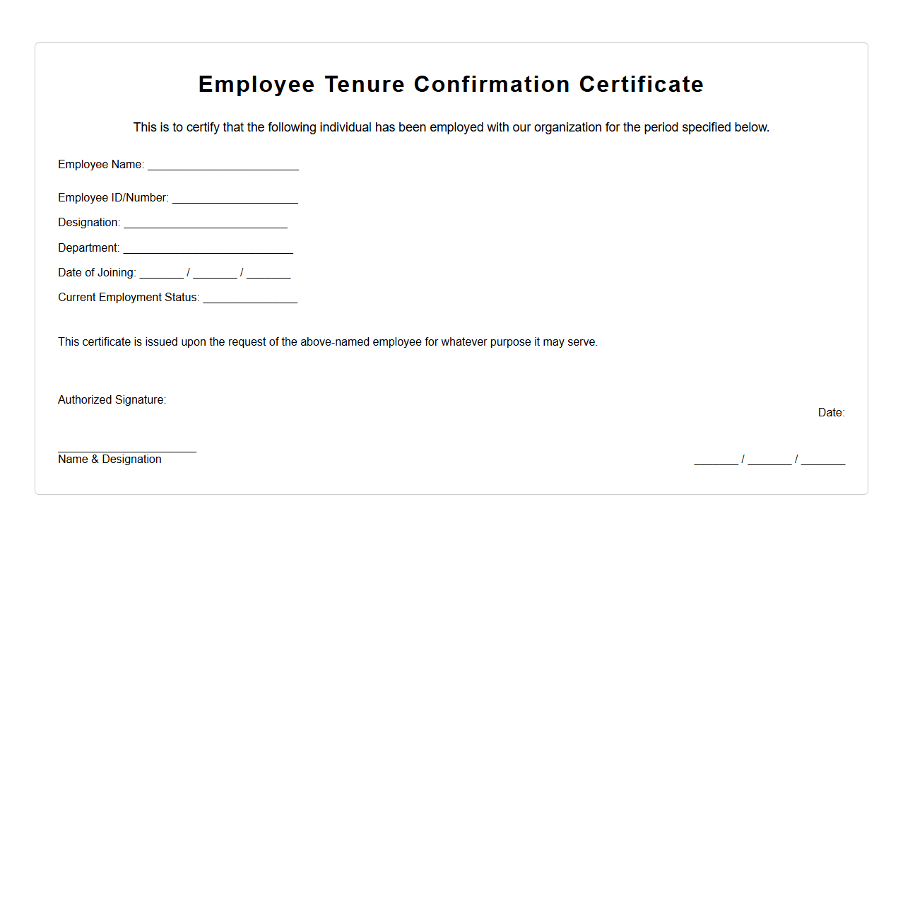 Employee Tenure Confirmation Certificate Template
