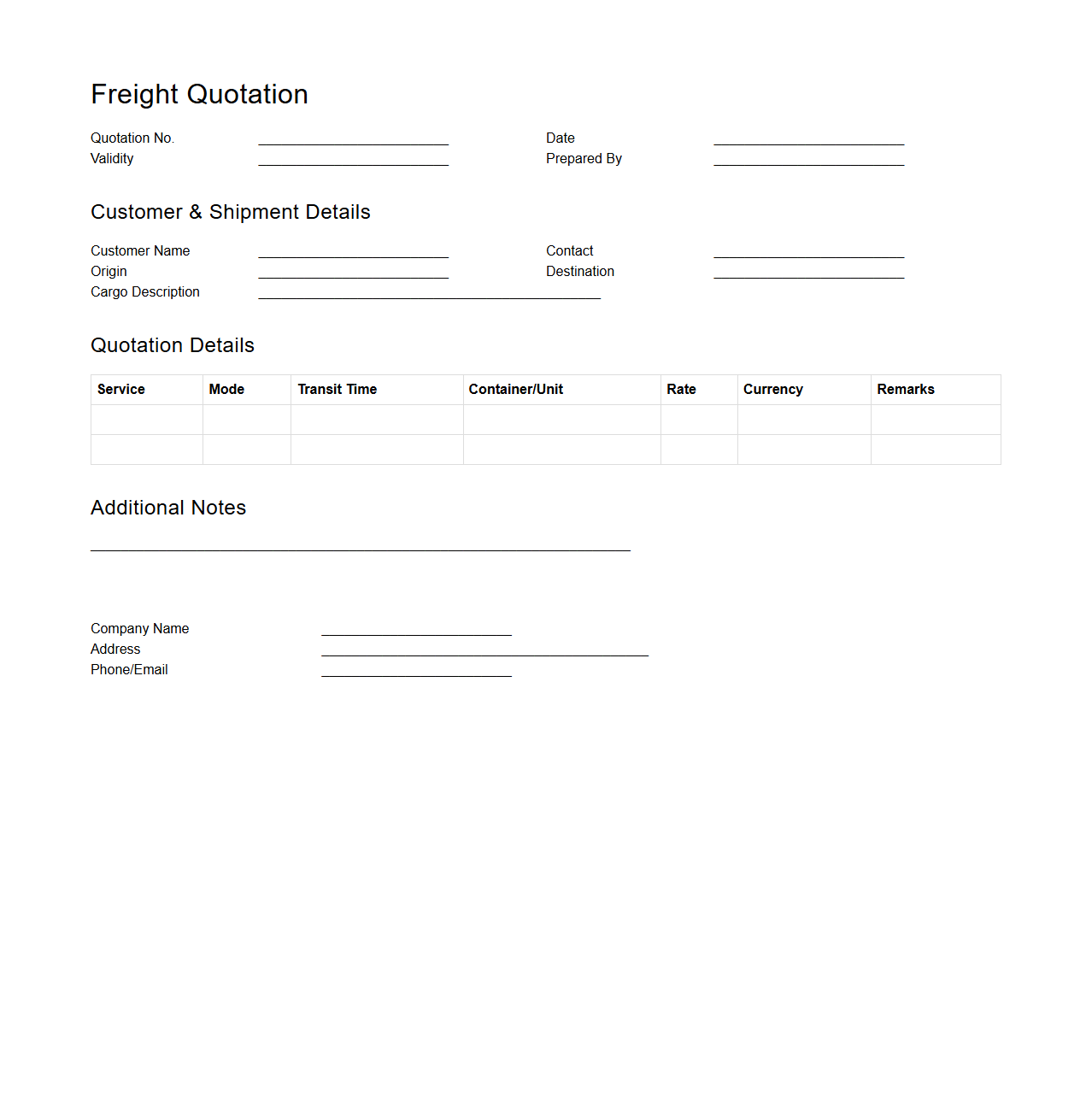Empty Freight Quotation Document for Shipping Companies