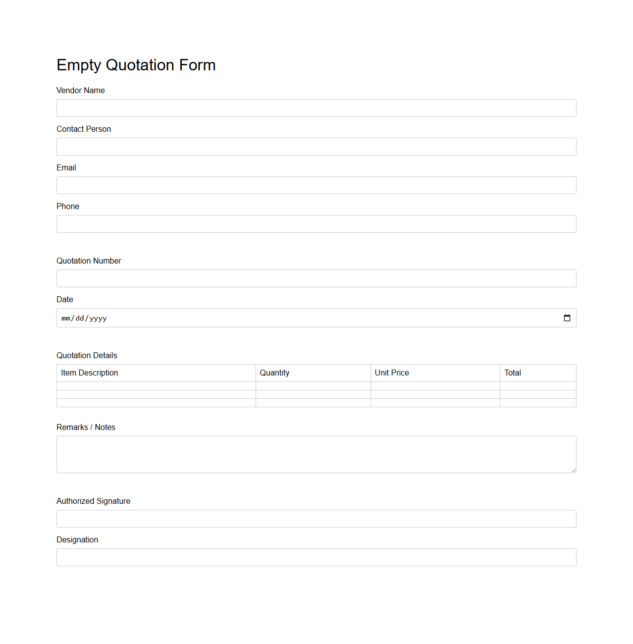 Empty Quotation Form Template for Vendor Submissions