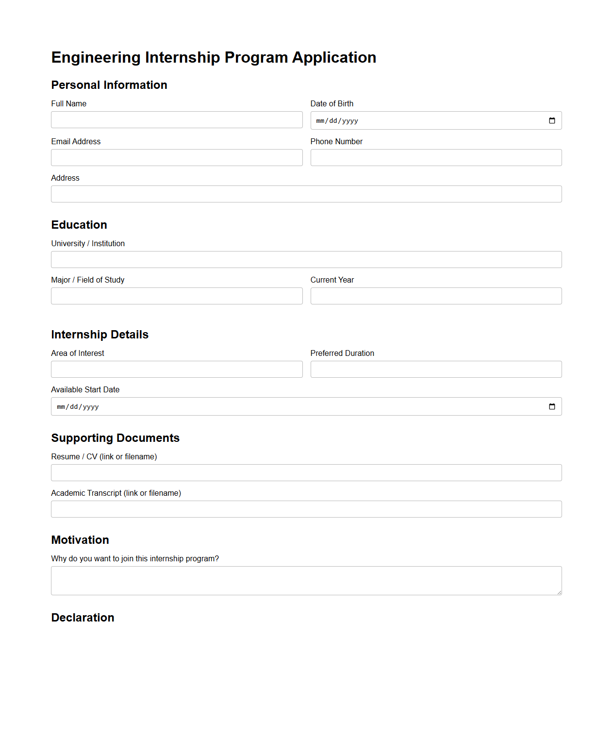 Engineering Internship Program Application Document