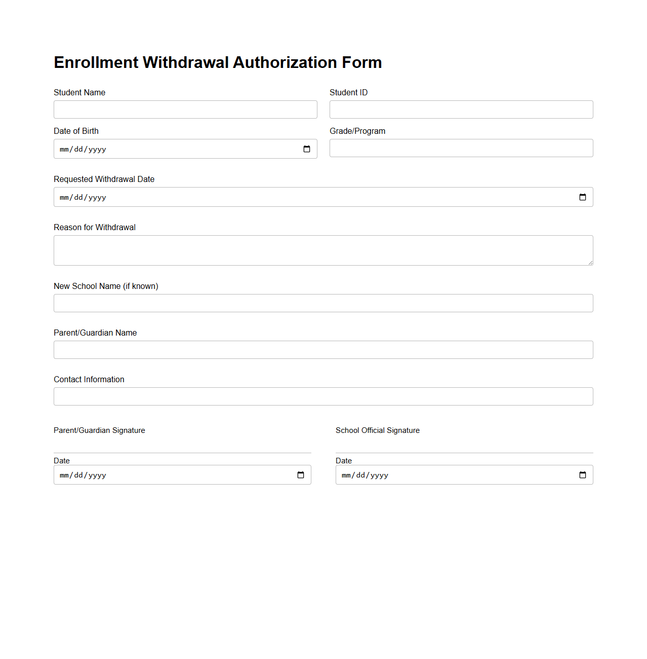Enrollment Withdrawal Authorization Form