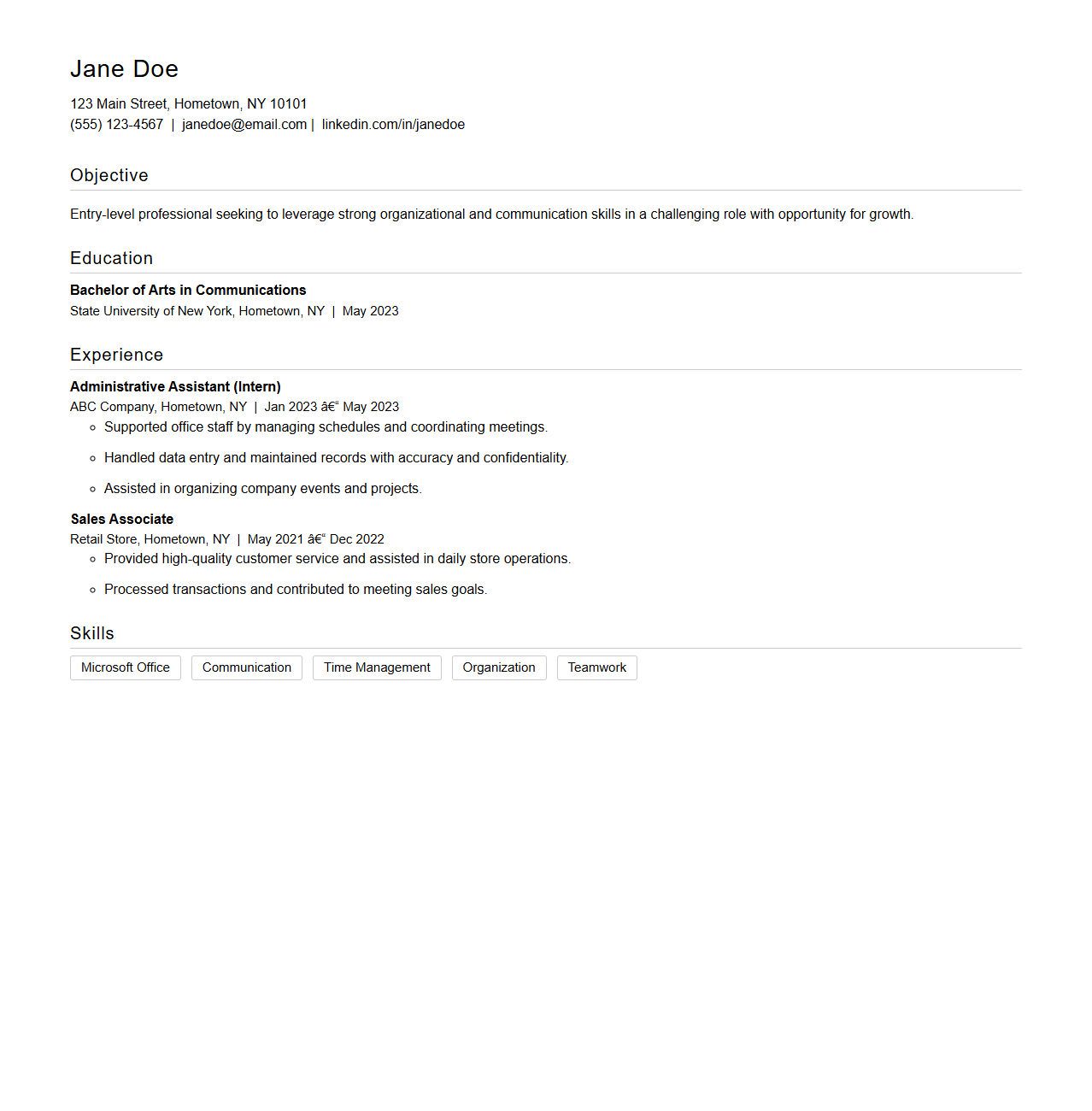 Entry-Level Chronological Resume Sheet