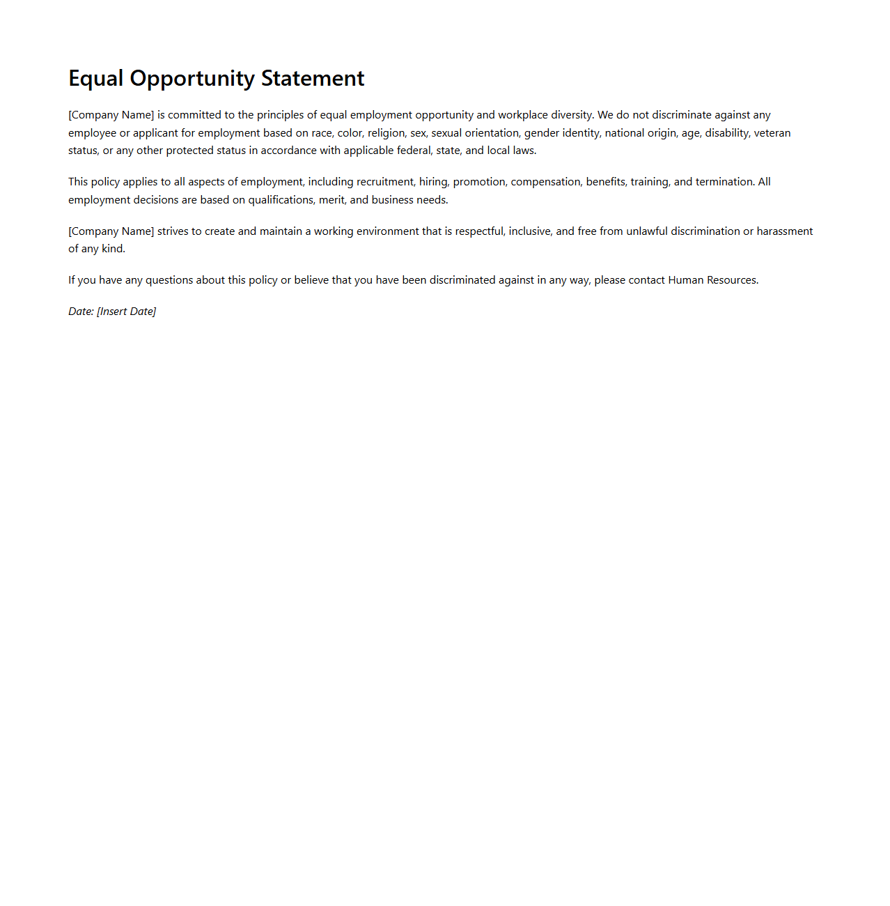 Equal Opportunity Statement Template