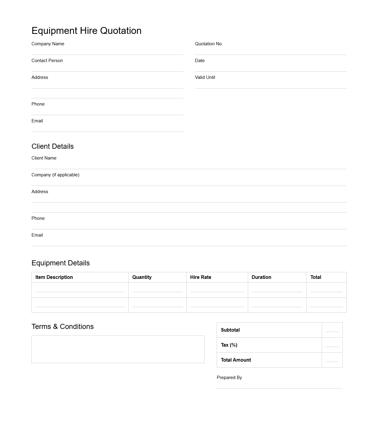 Equipment Hire Quotation Template