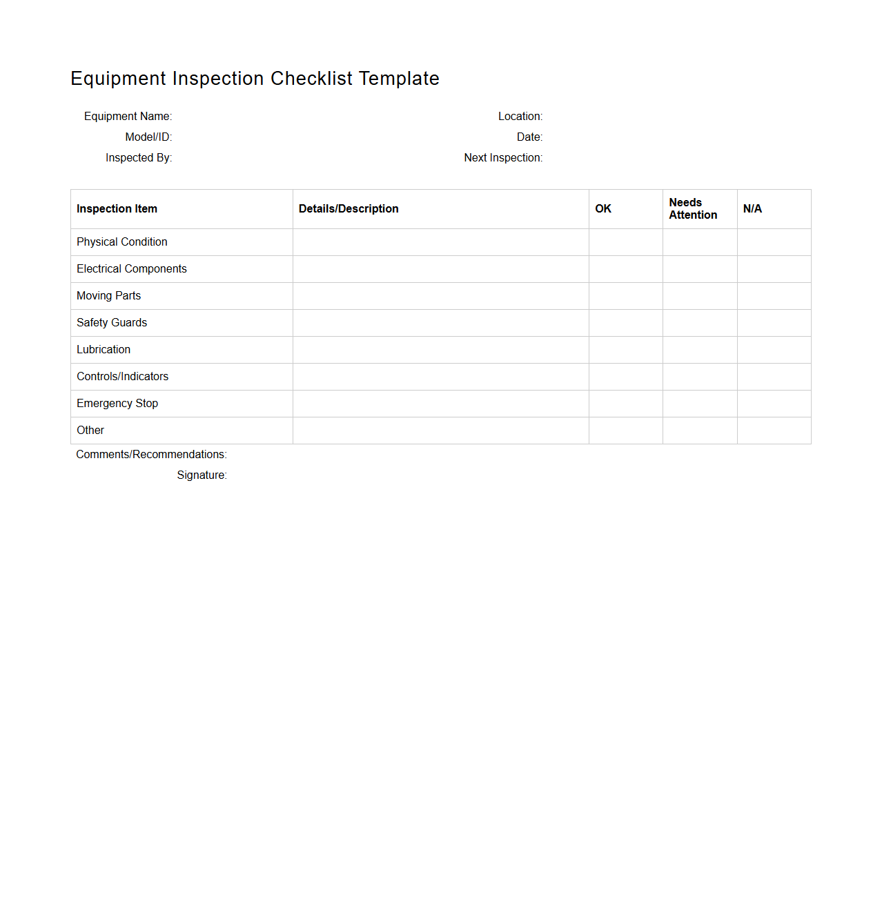 Equipment Inspection Checklist Template for Maintenance Monitoring