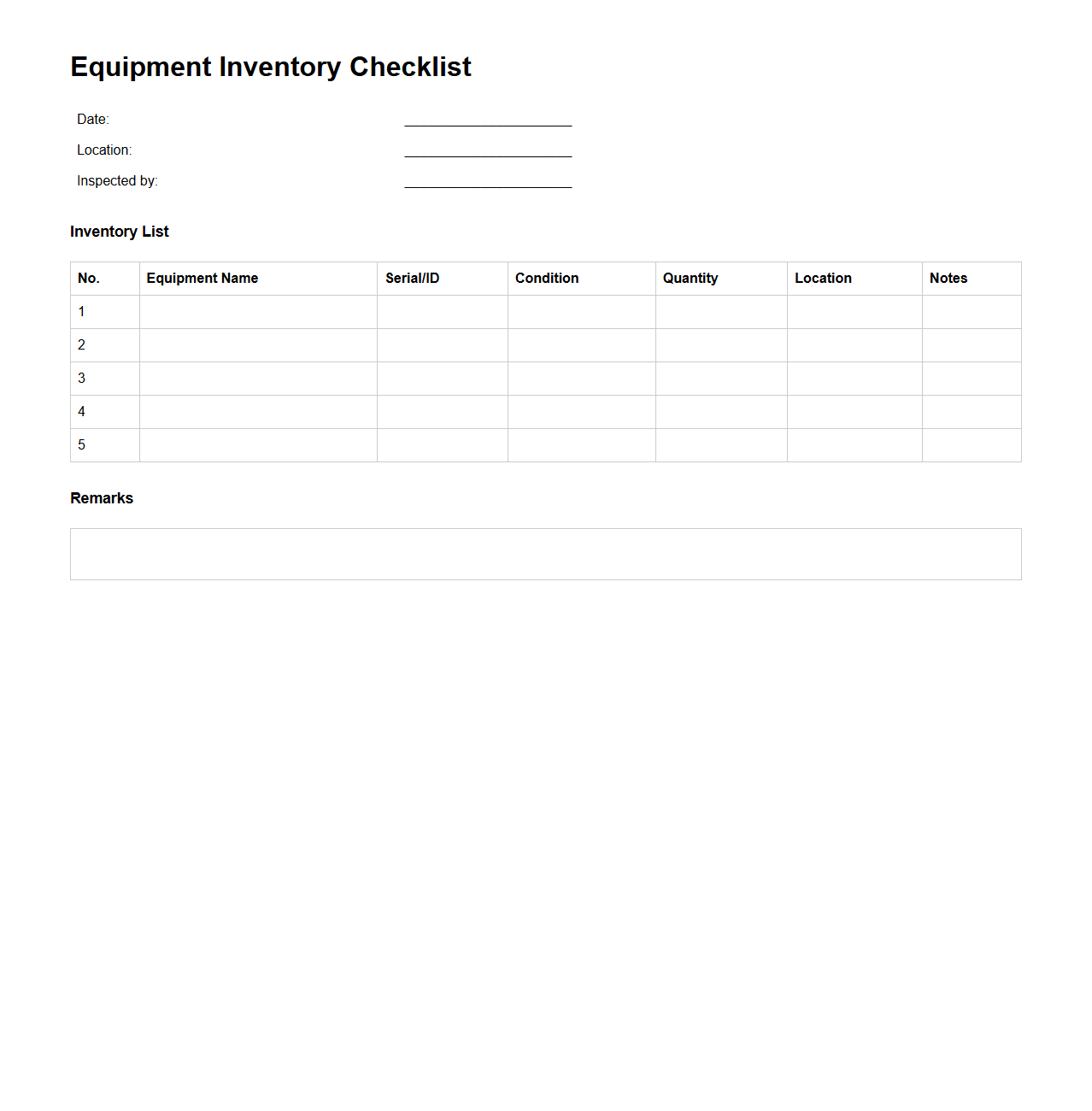 Equipment Inventory Checklist Template