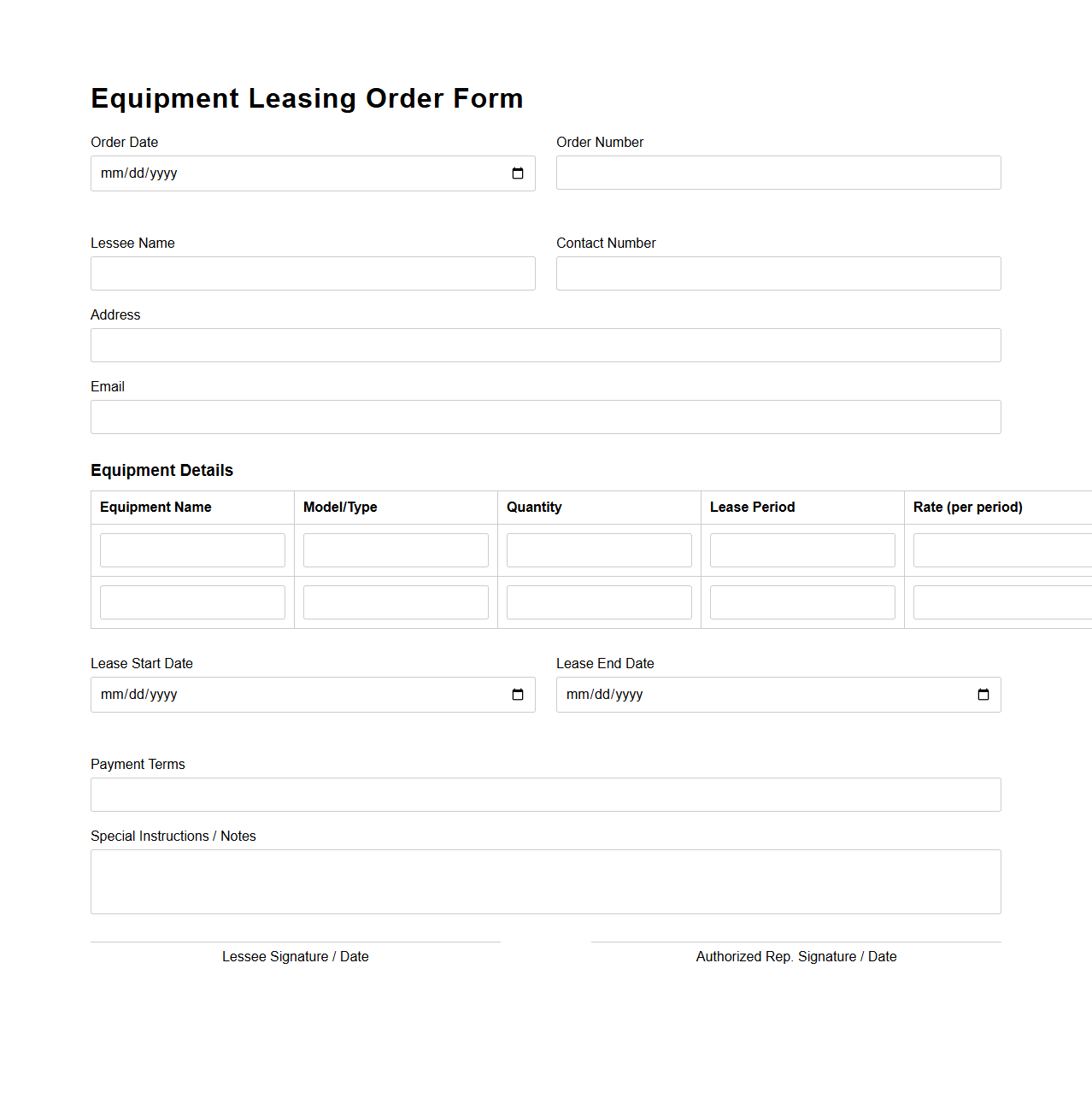 Equipment Leasing Order Form