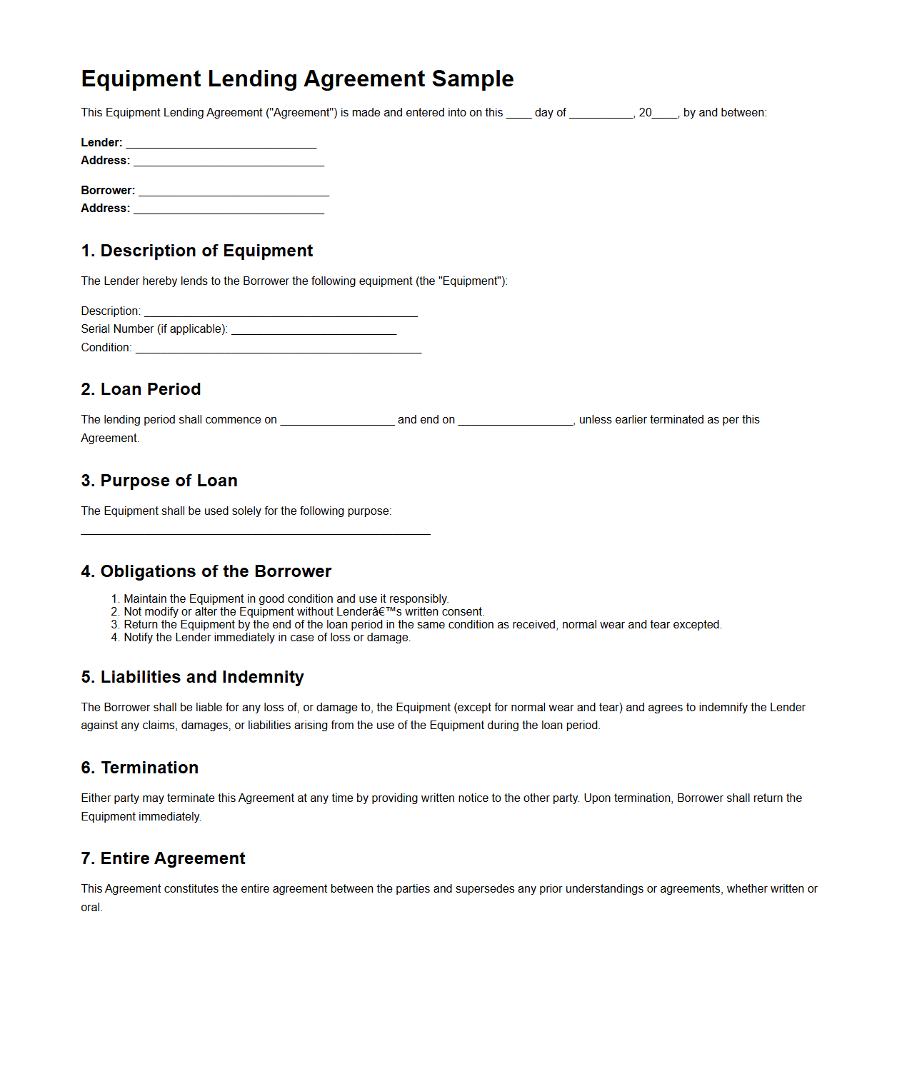 Equipment Lending Agreement Sample