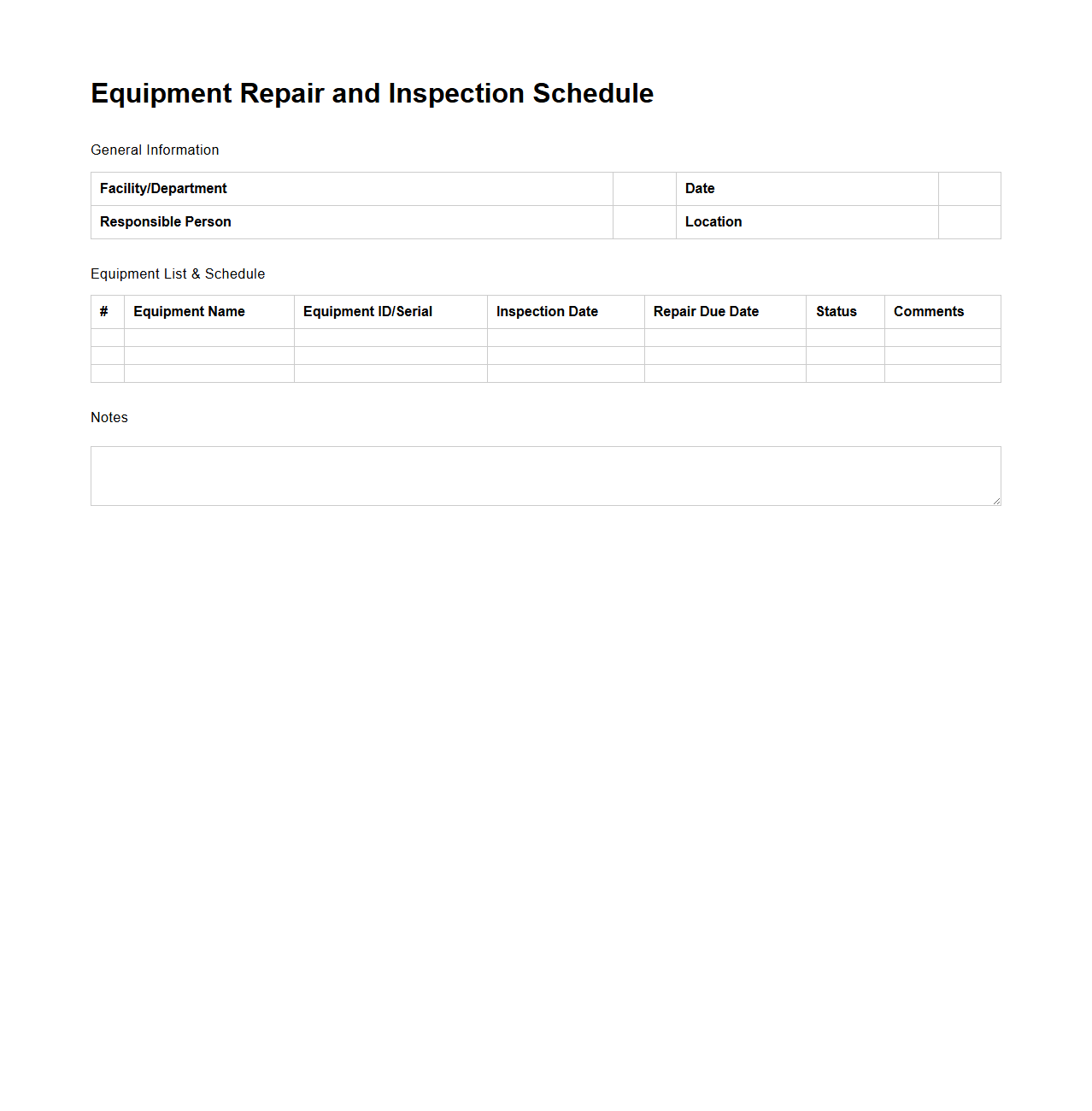Equipment Repair and Inspection Schedule Template