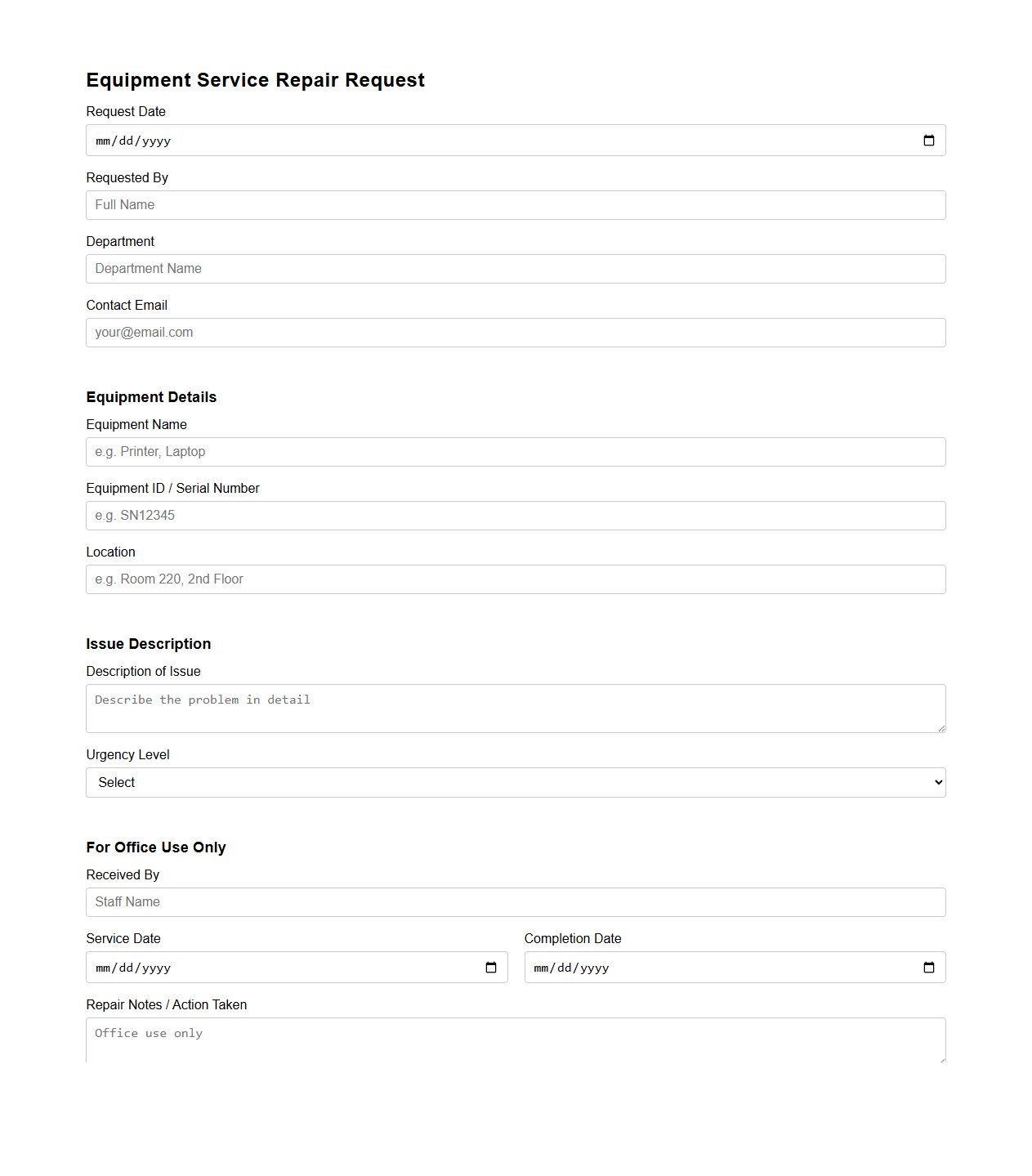 Equipment Service Repair Request Template