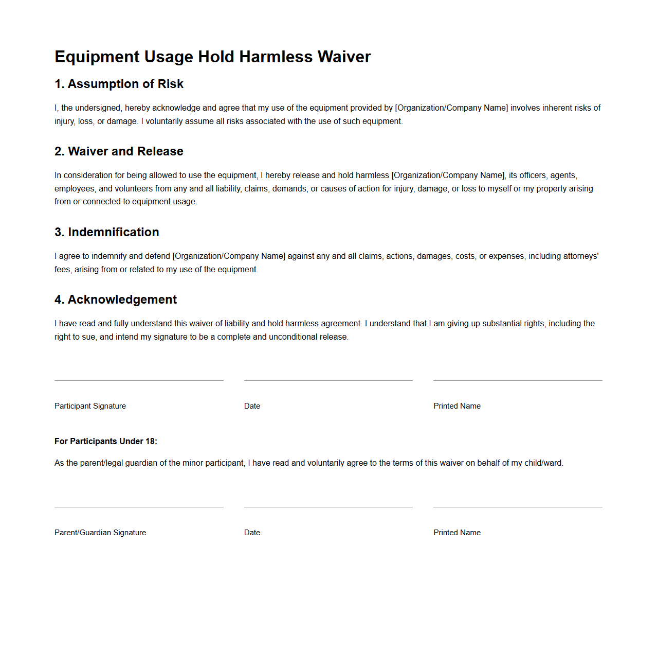 Equipment Usage Hold Harmless Waiver Template