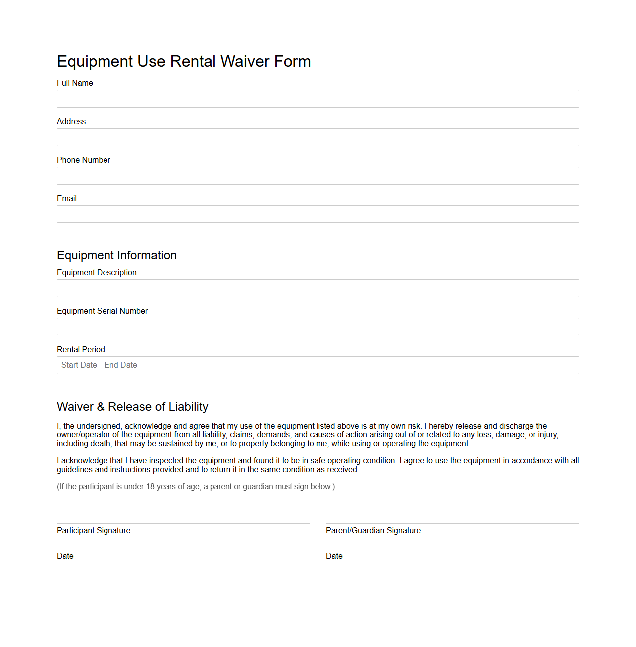 Equipment Use Rental Waiver Form Template