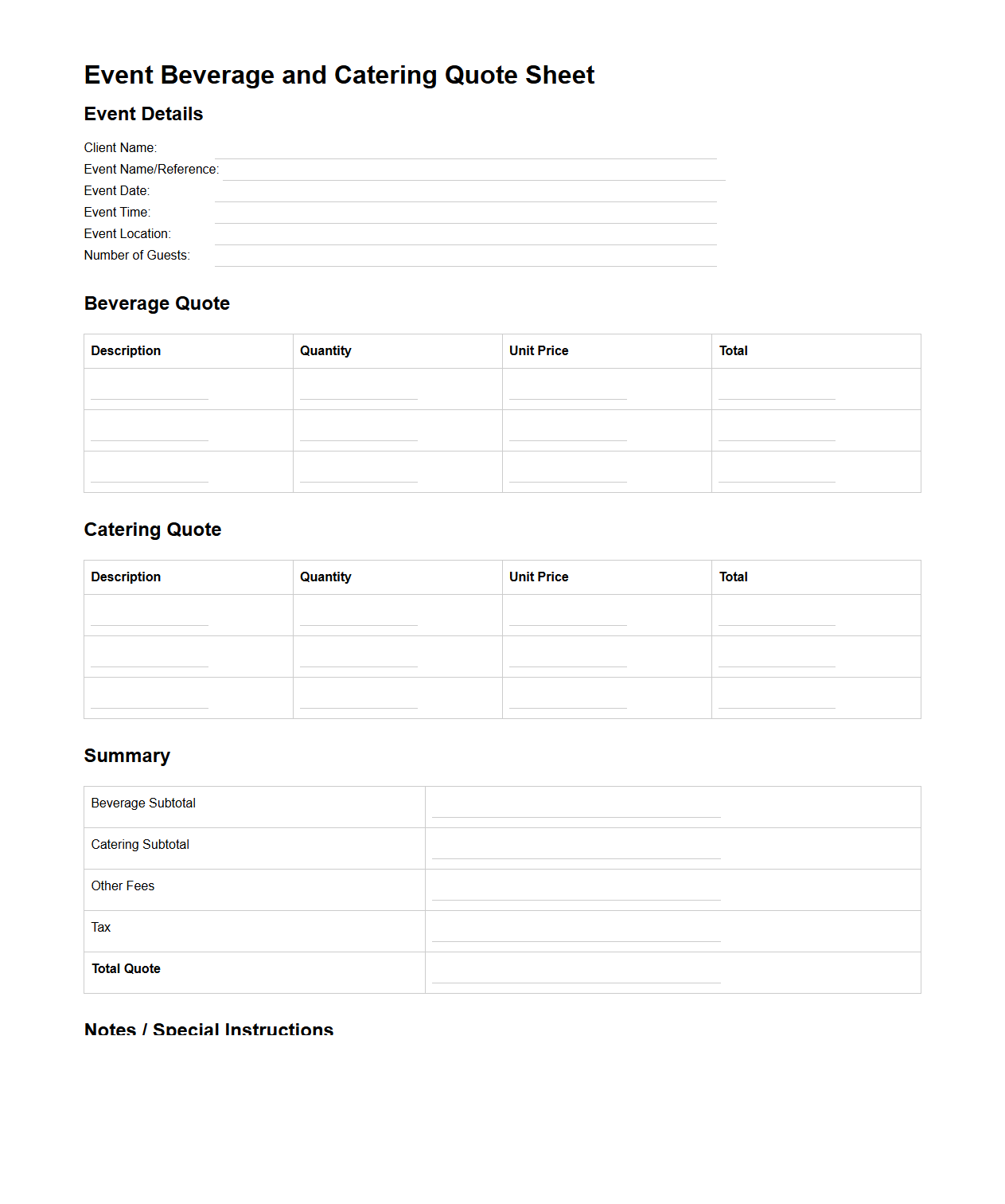 Event Beverage and Catering Quote Sheet