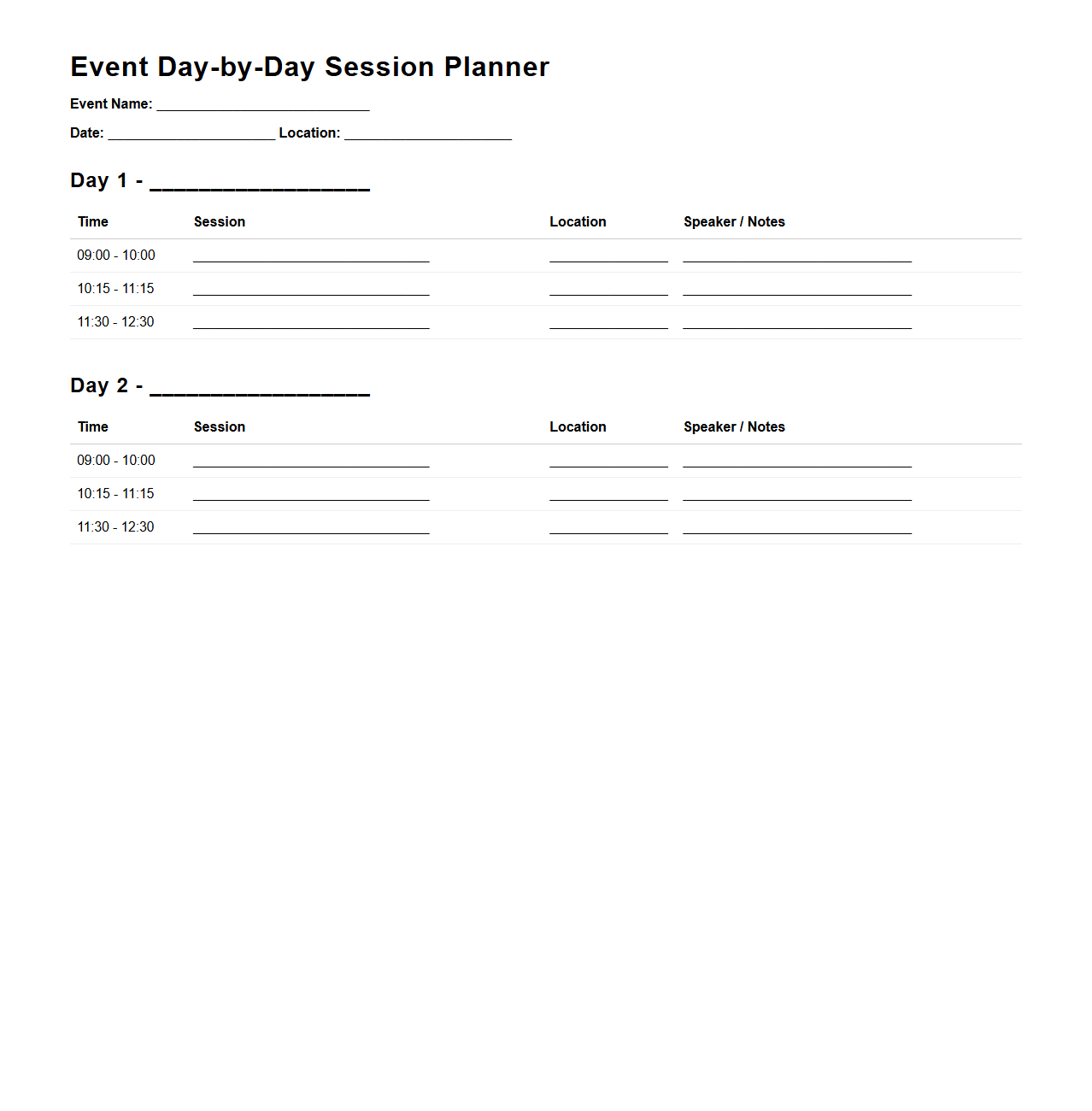 Event Day-by-Day Session Planner