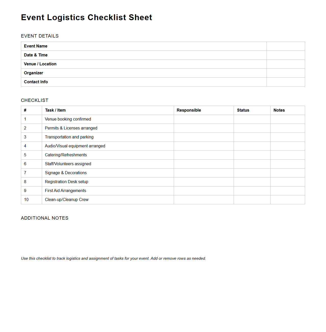 Event Logistics Checklist Sheet