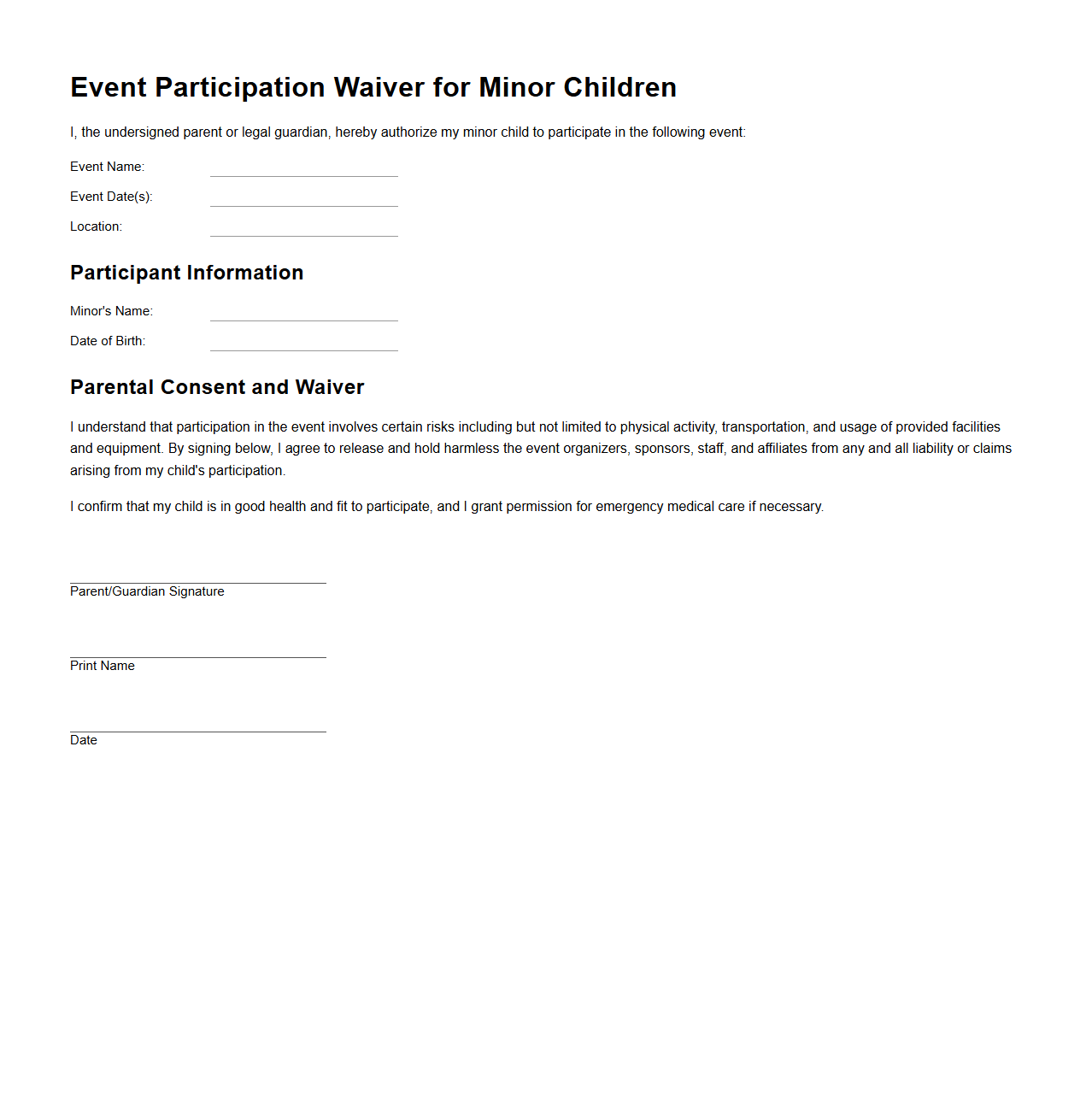 Event Participation Waiver for Minor Children