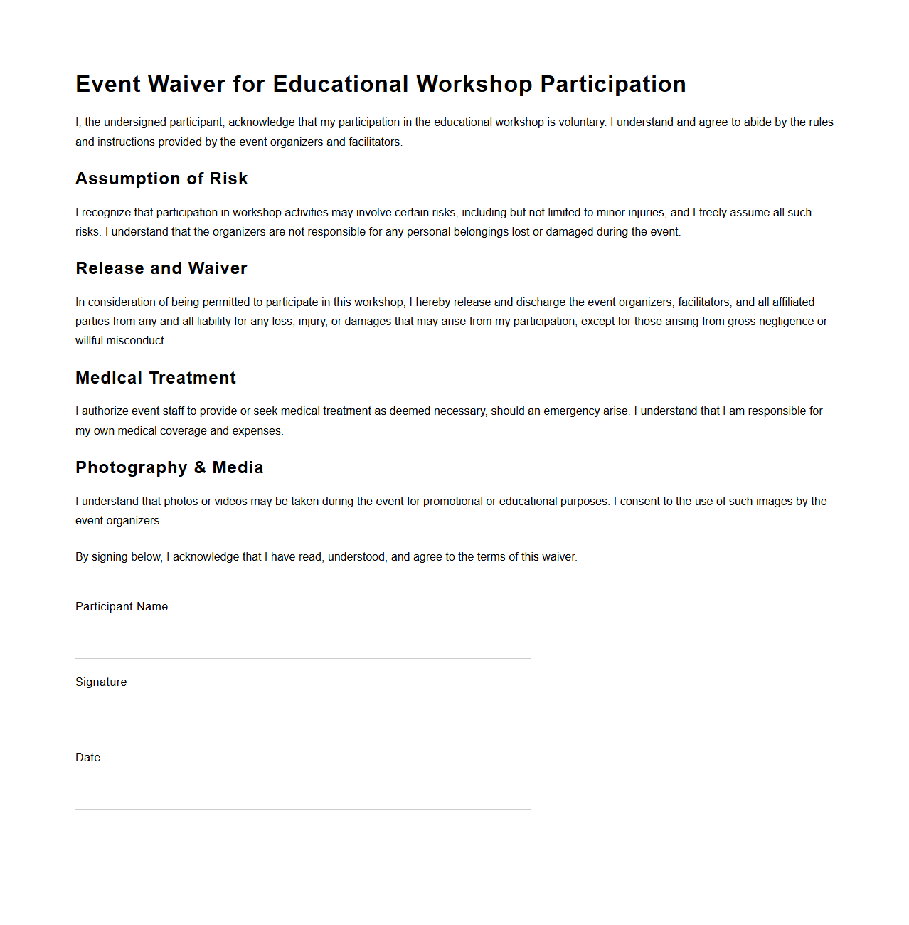 Event Waiver for Educational Workshop Participation