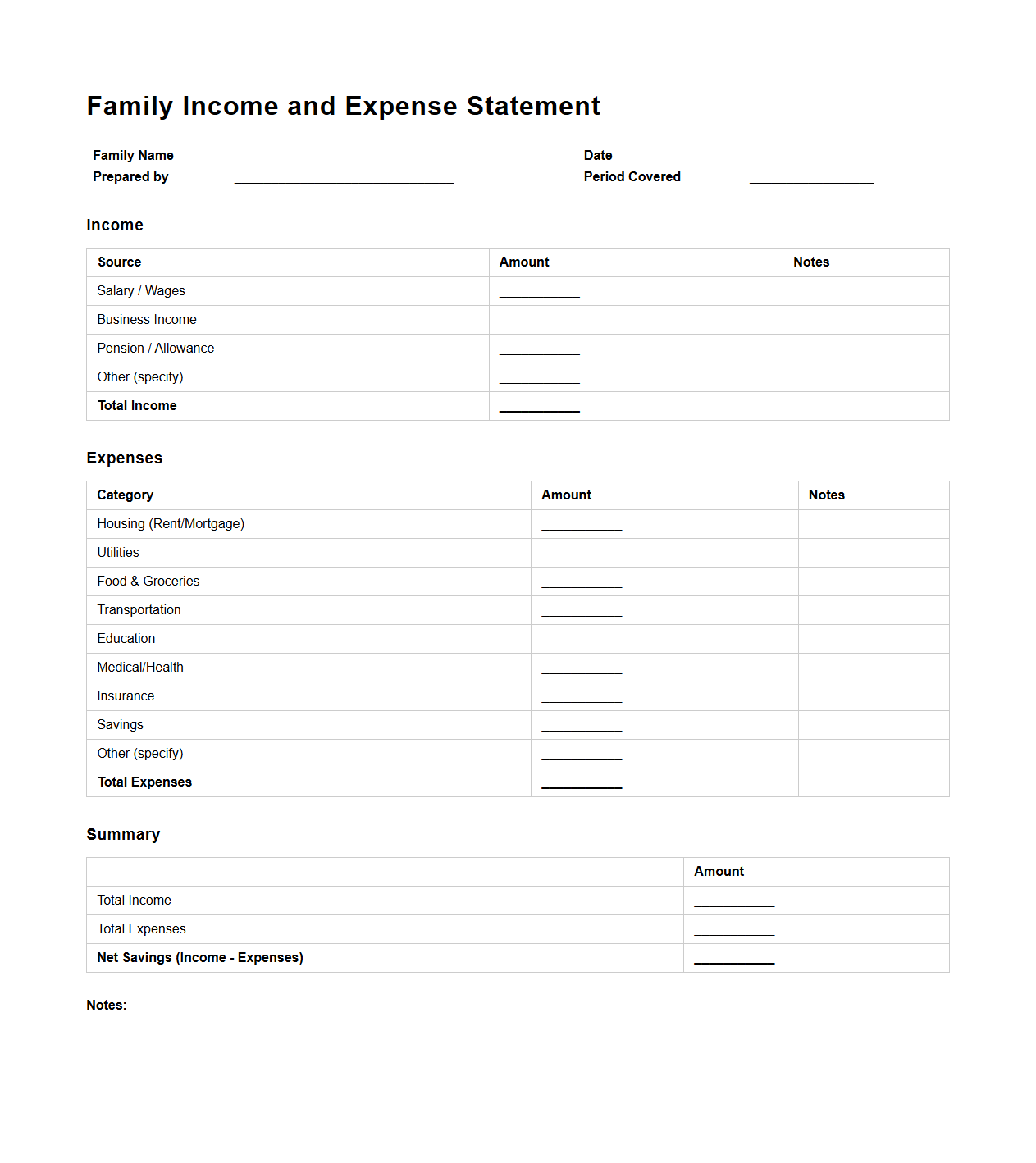 Family Income and Expense Statement