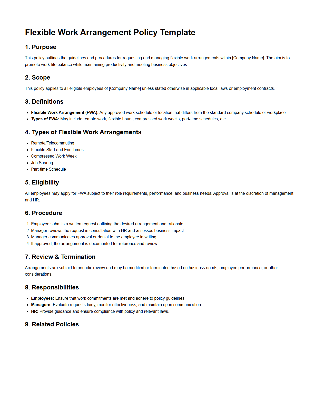Flexible Work Arrangement Policy Template