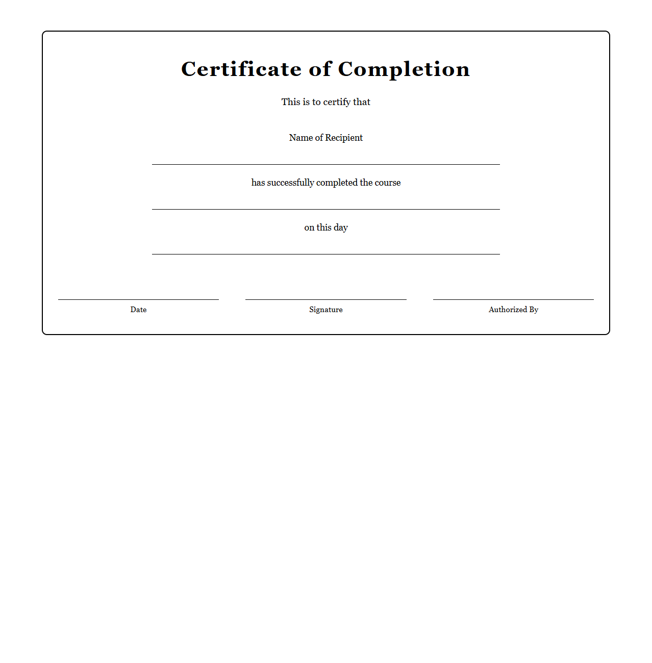 Formal Blank Certificate for Finishing Courses