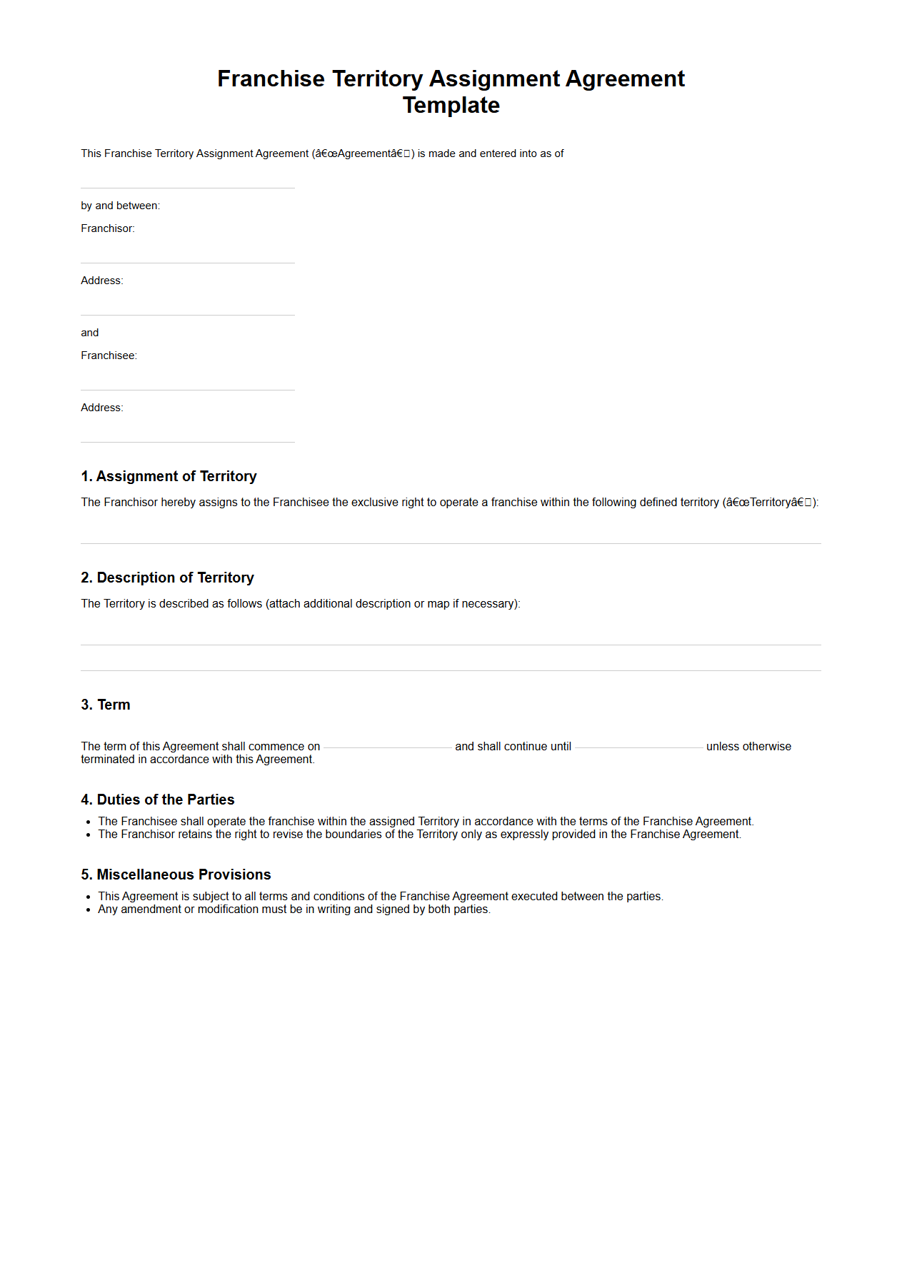 Franchise Territory Assignment Agreement Blank Template