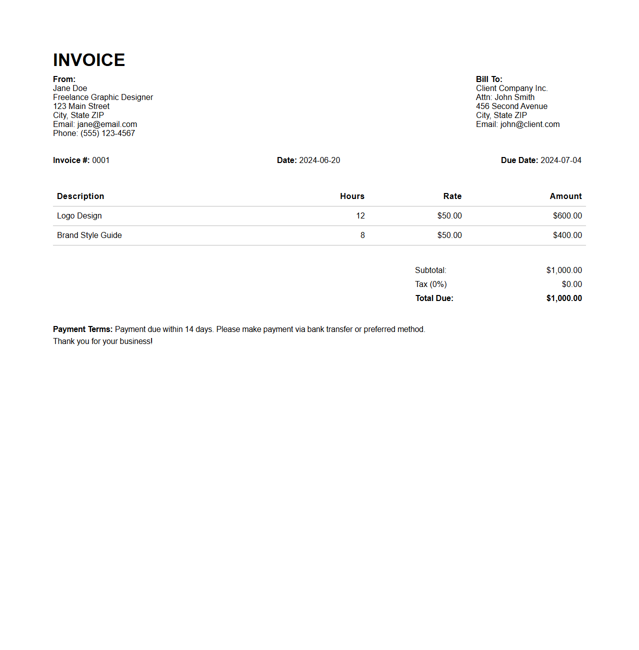 Freelance Graphic Design Invoice Document