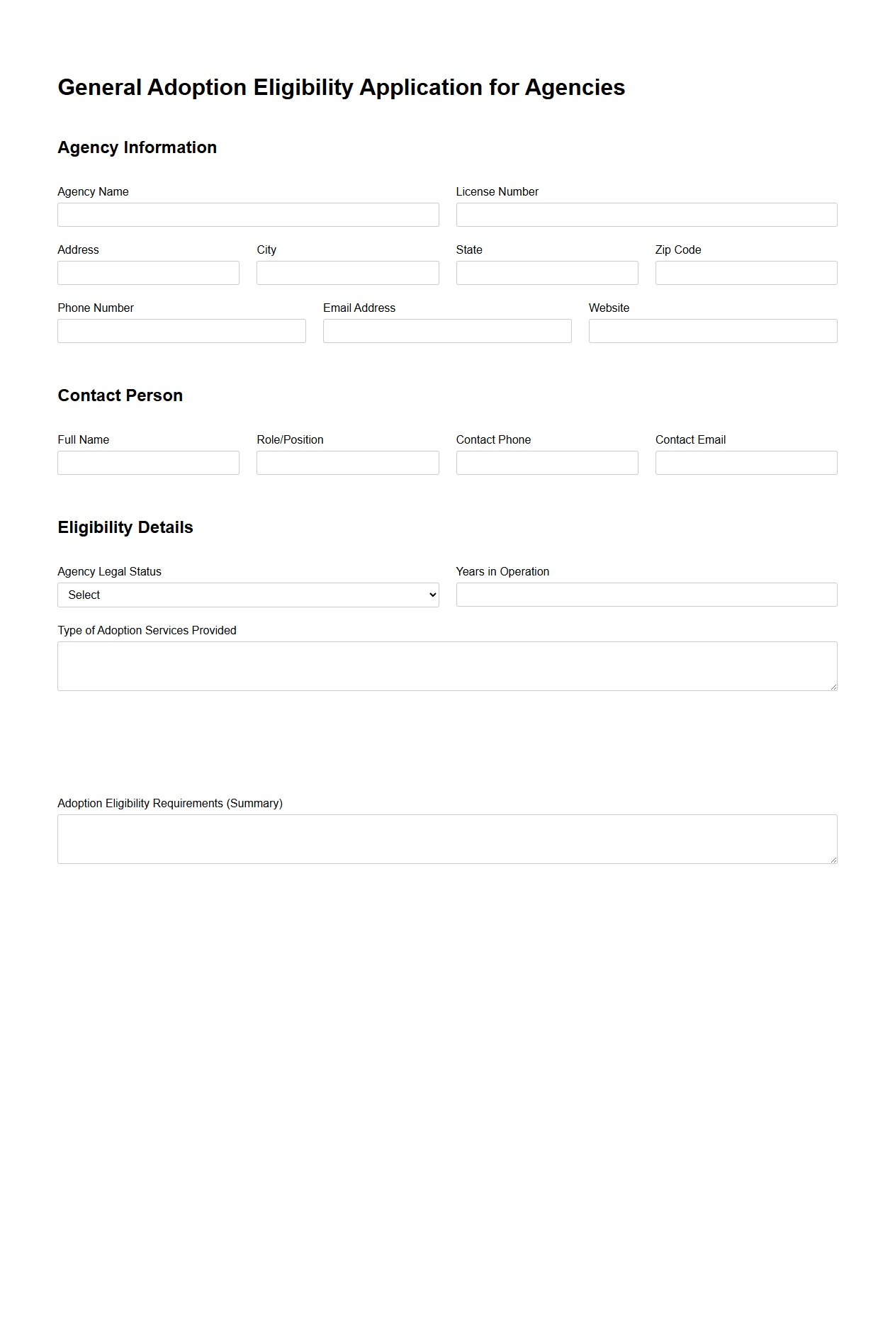 General Adoption Eligibility Application for Agencies