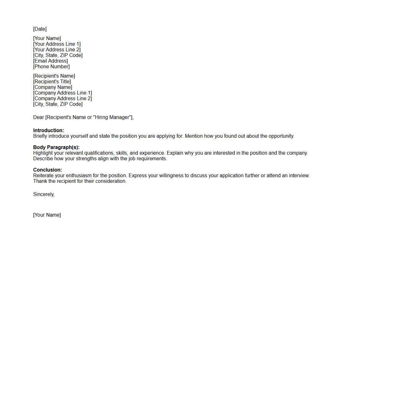 General Blank Cover Letter Outline for Career Applications