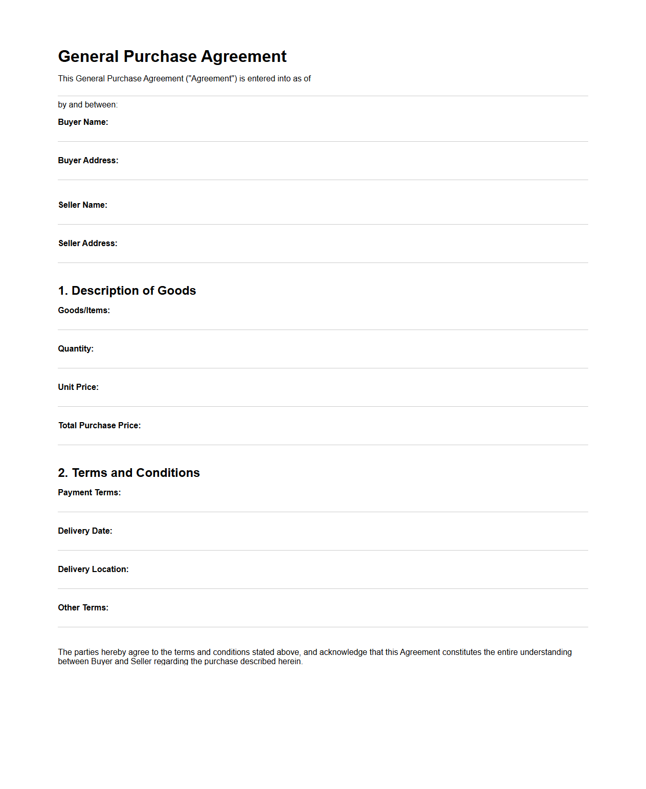 General Blank Purchase Agreement Sample