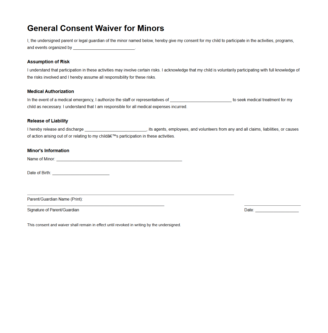 General Consent Waiver for Minors