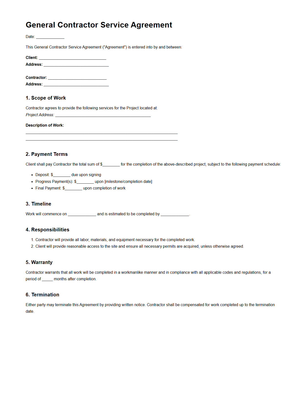 General Contractor Service Agreement for Projects