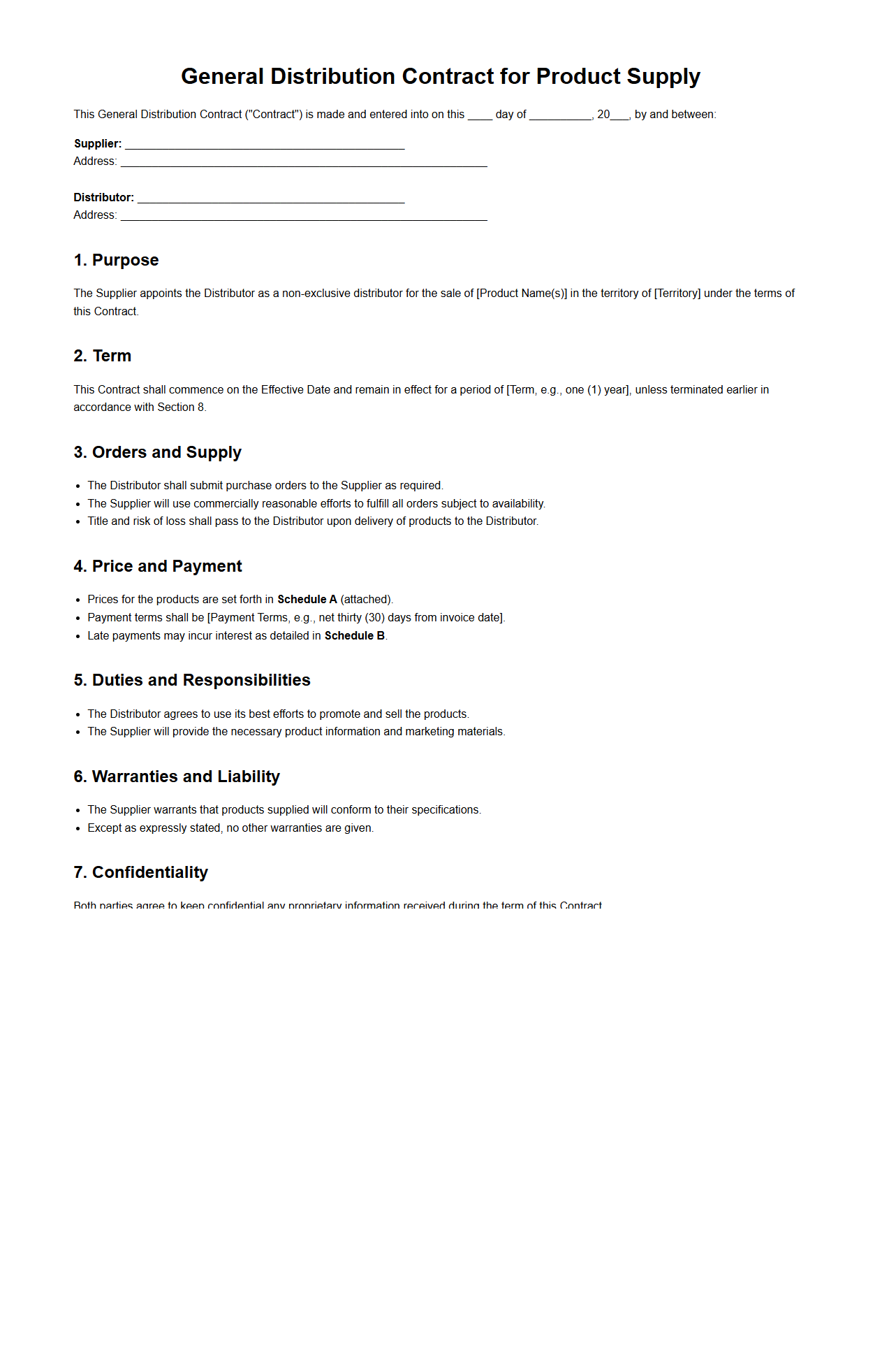General Distribution Contract for Product Supply