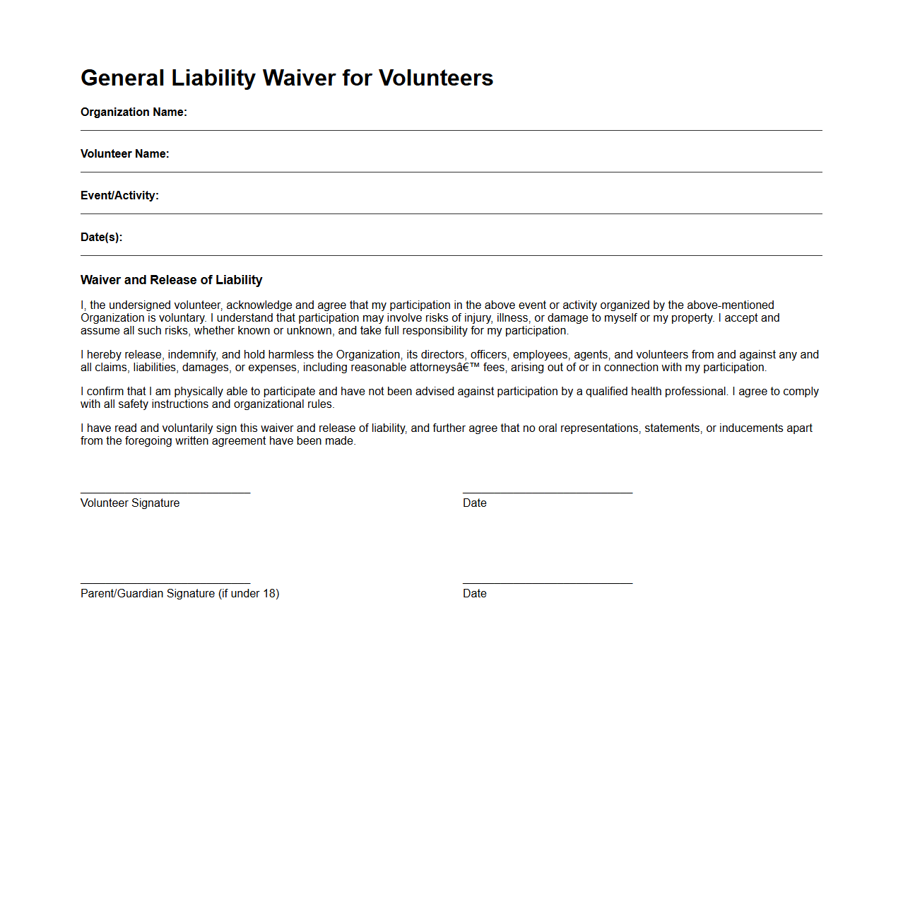 General Liability Waiver for Volunteers