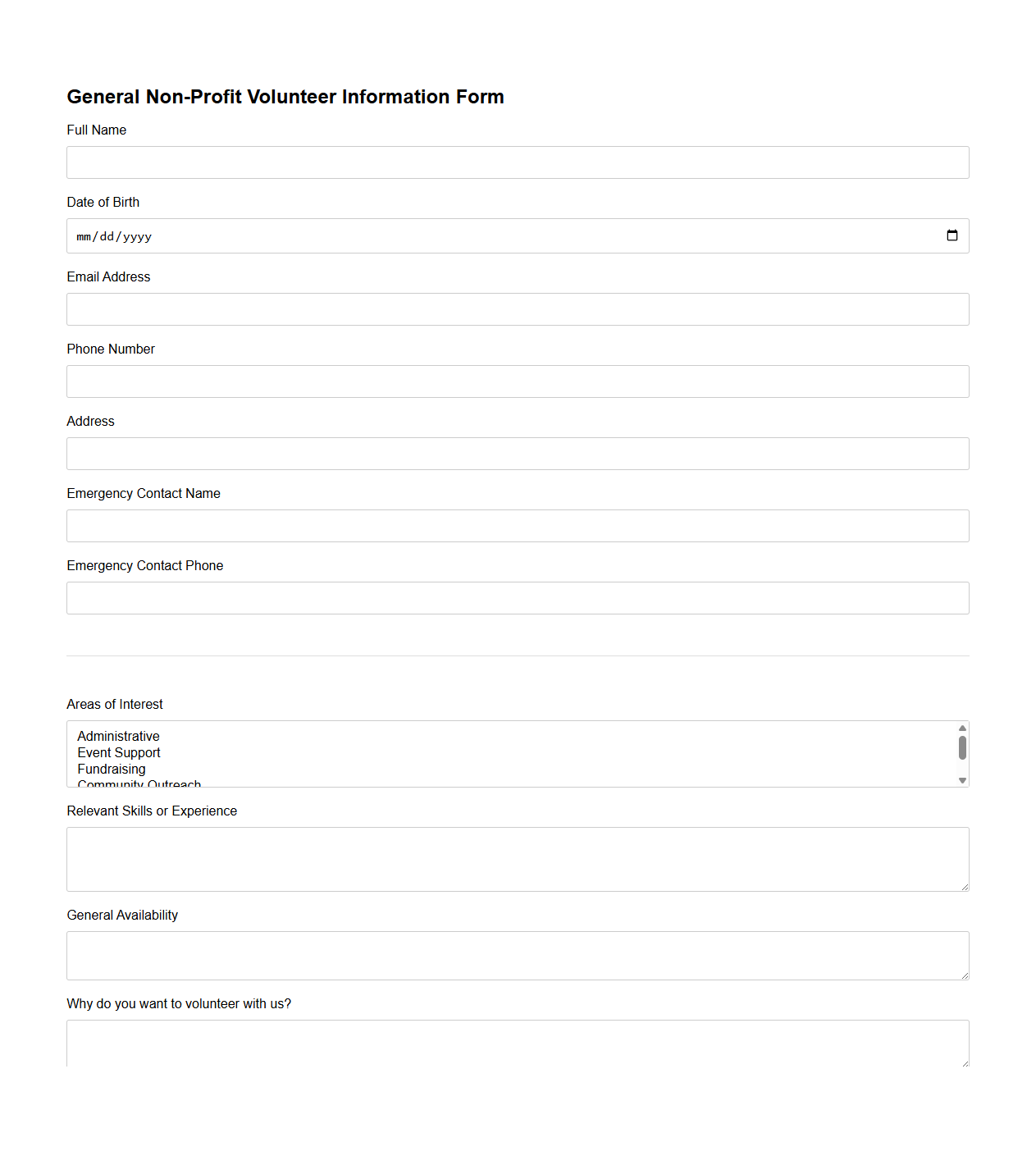 General Non-Profit Volunteer Information Form