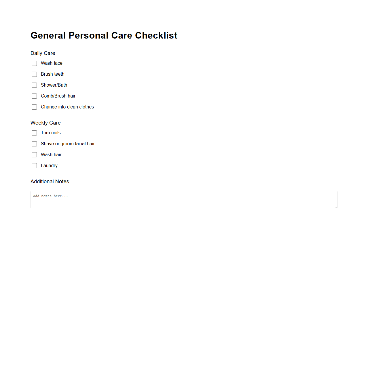 General Personal Care Checklist Layout