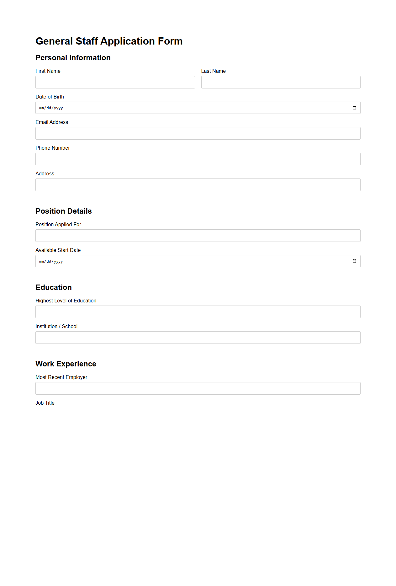 General Staff Application Form Template