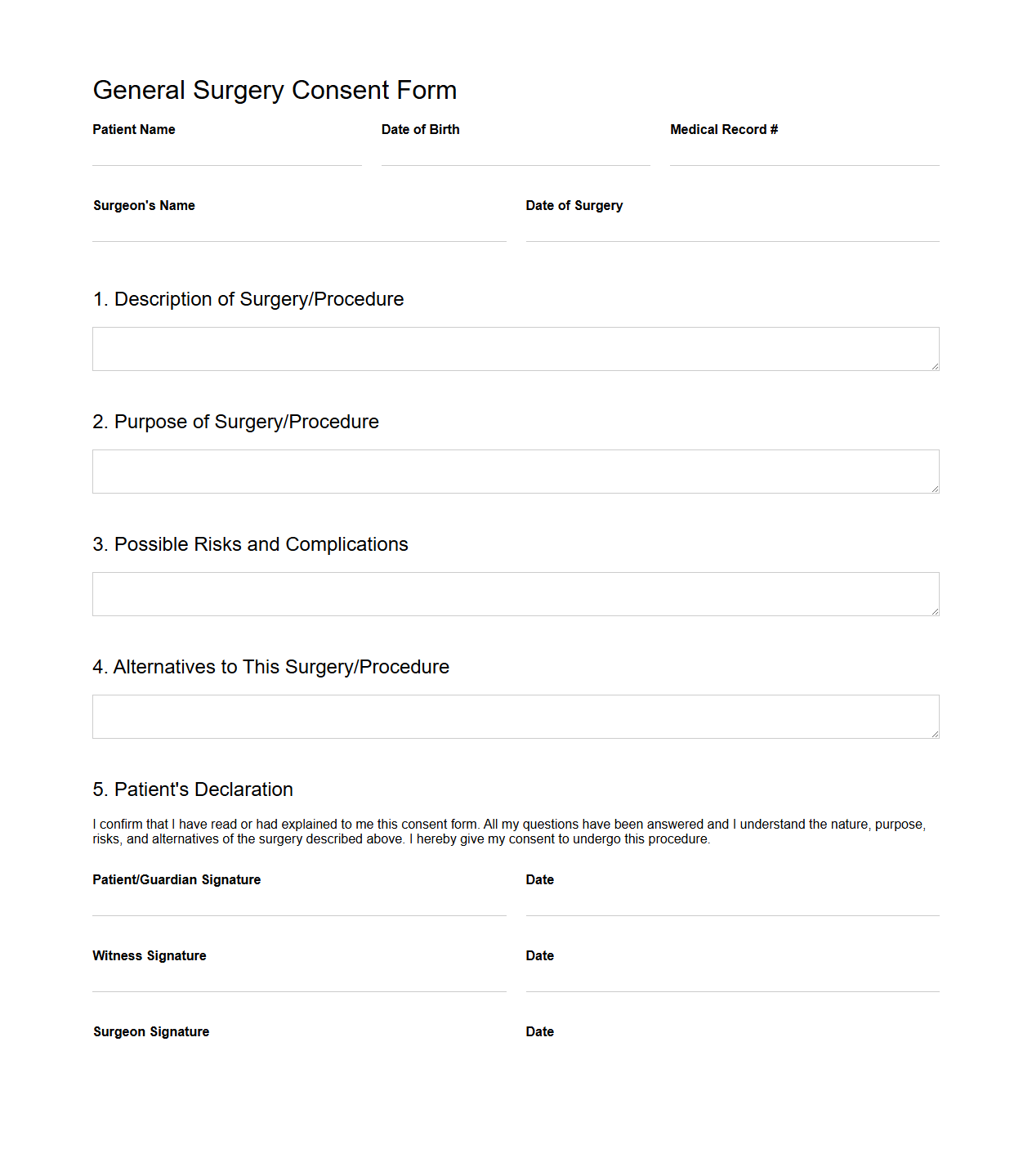 General Surgery Blank Consent Form Template