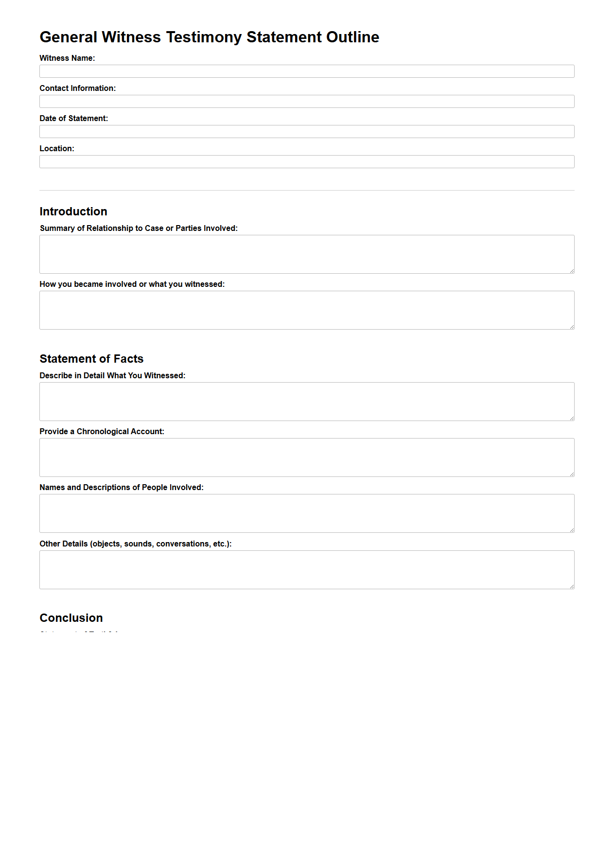 General Witness Testimony Statement Outline